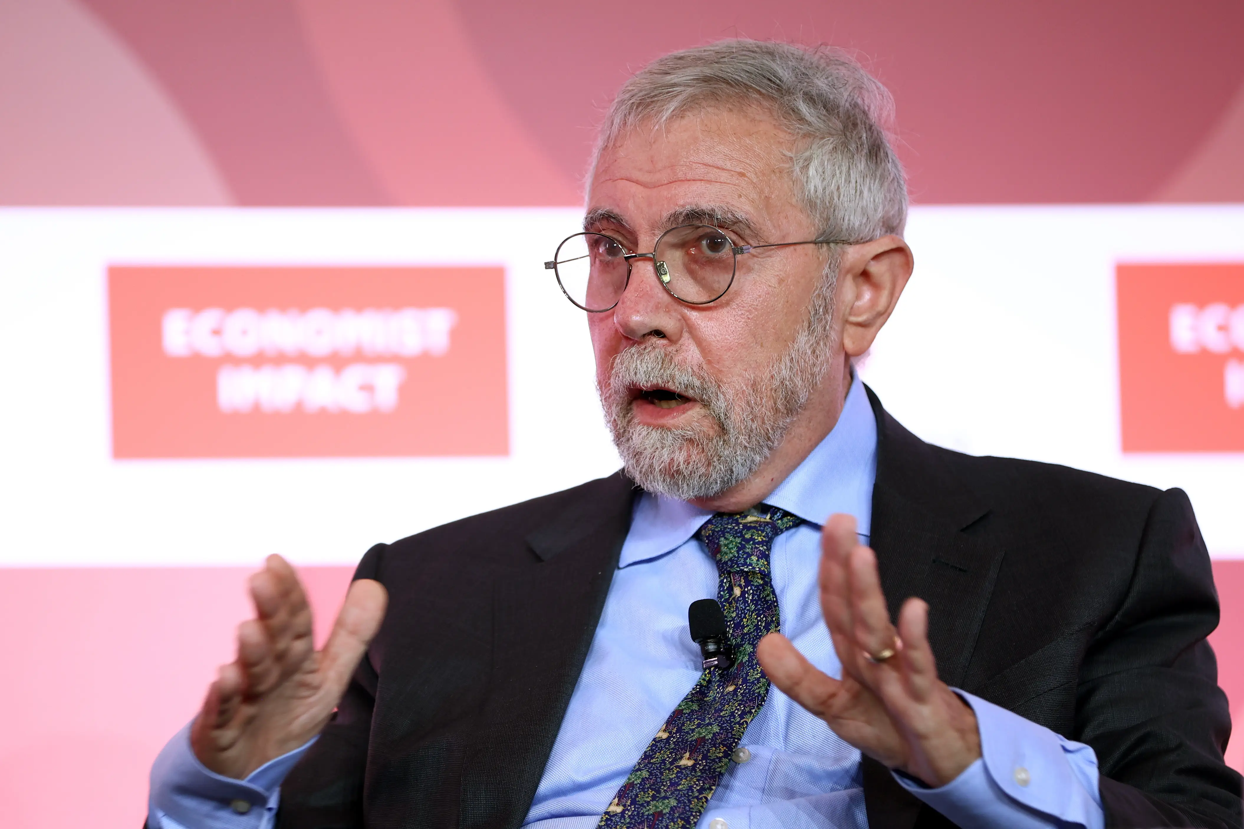 Economist Paul Krugman laying out some predictions while speaking at an event.