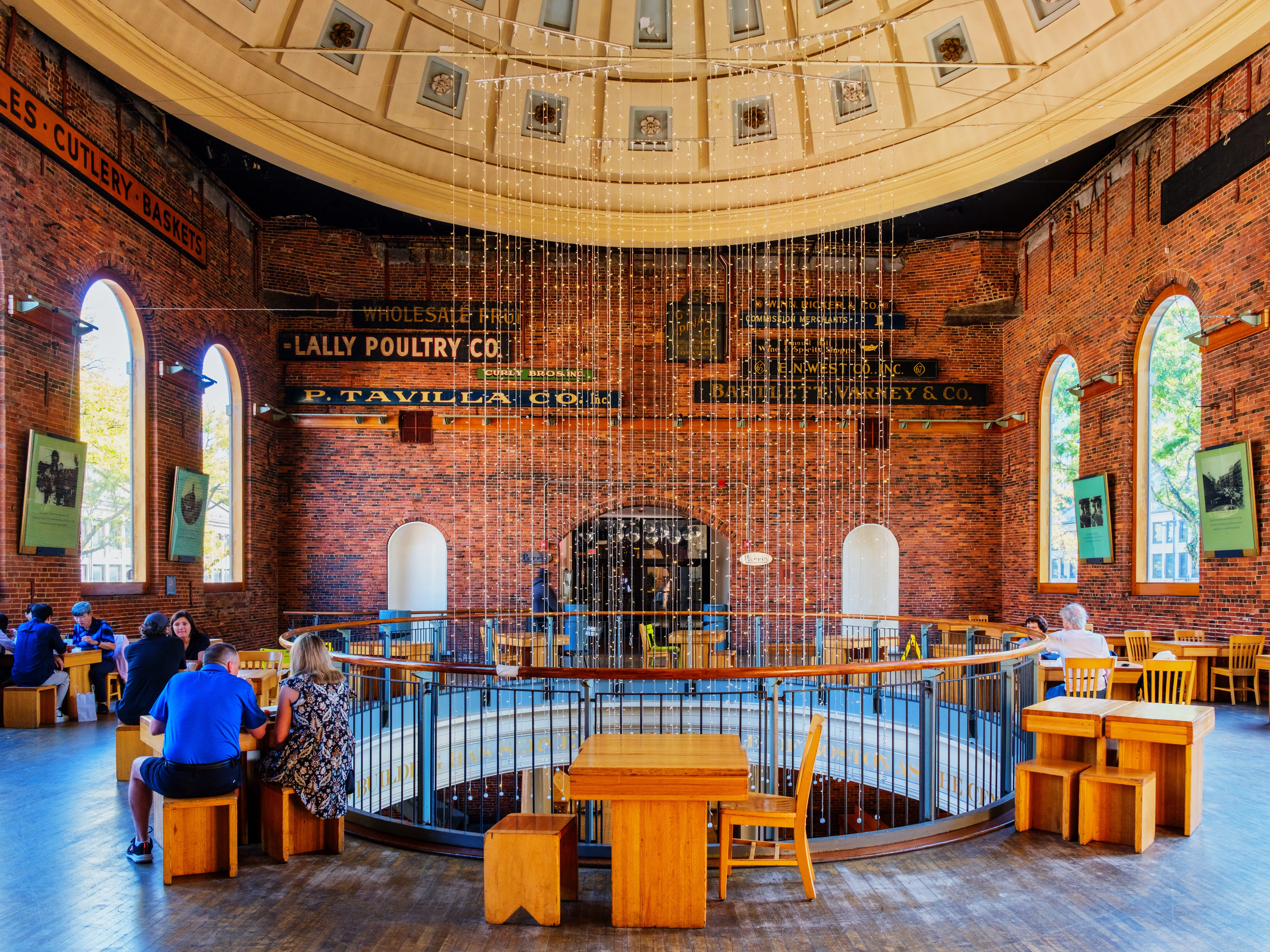 Second floor of the Quincy Market building's rotunda with its common seating area.