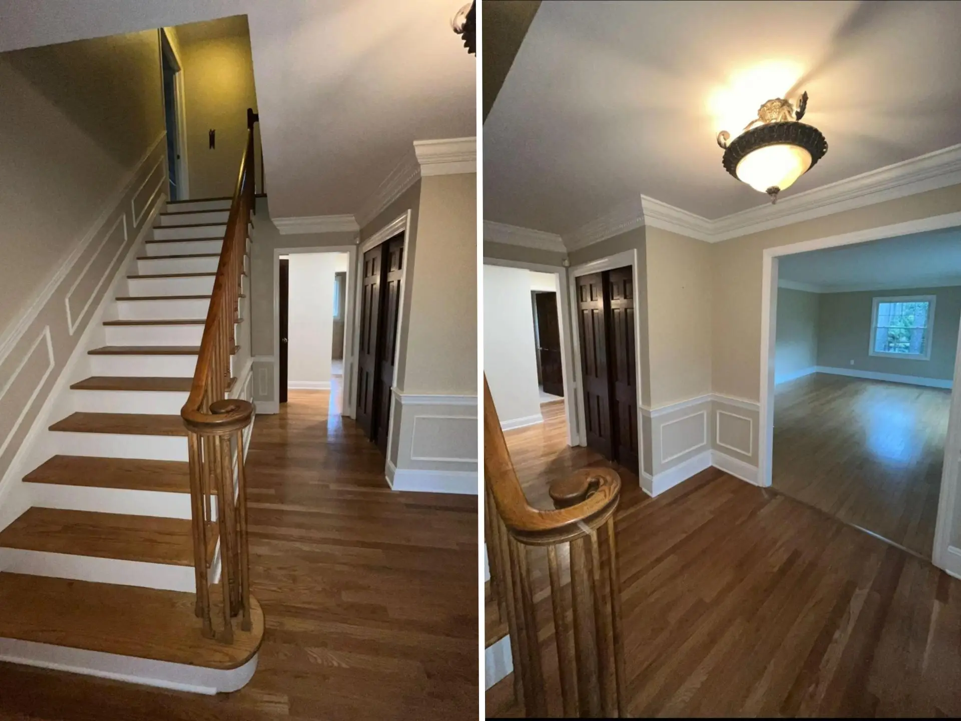 A side-by-side of the entryway of a home. A stairwell is the focus of the shot on the left, while a closet and a sitting room are on the right.