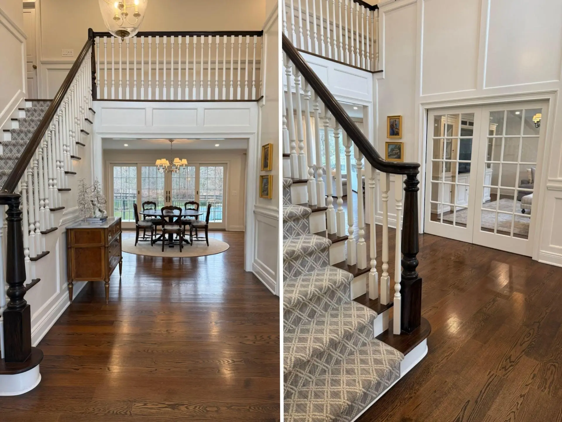 A side-by-side of the entryway of a home. A stairwell is the focus of the shot on the left, while a closet and a sitting room are on the right.