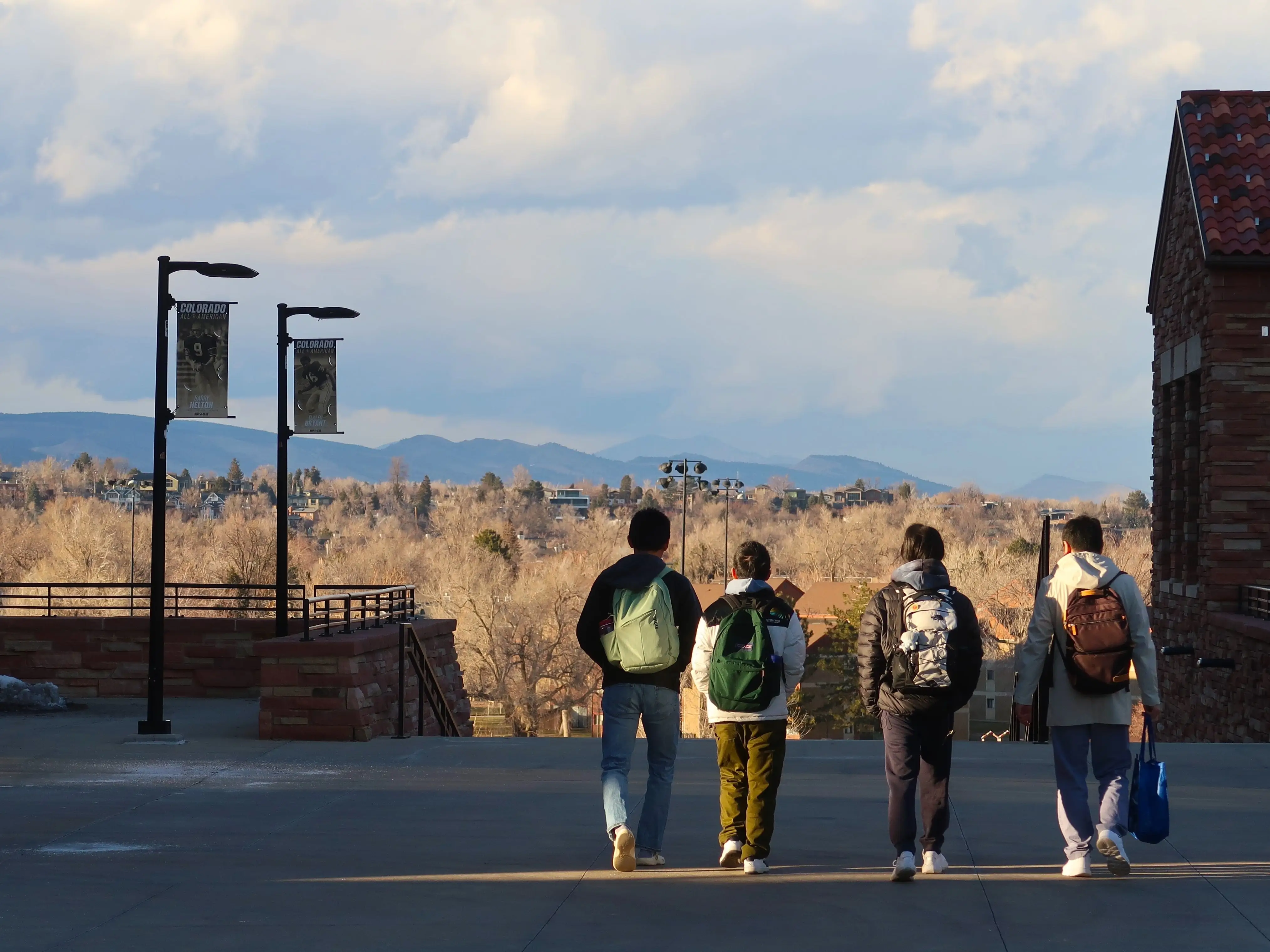 College students walking together at the end of the day. Mountain view. University of Colorado Boulder.