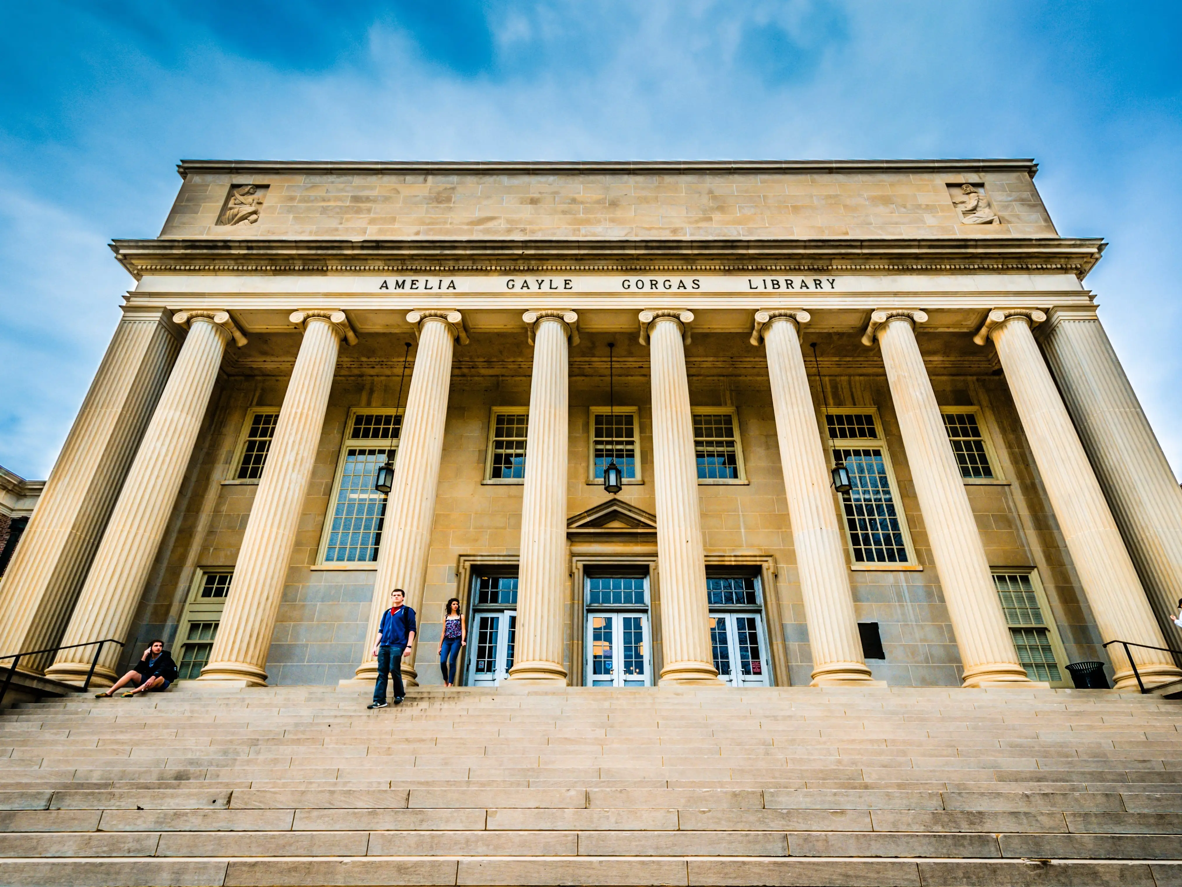 Students walk down the steps at the Amelia Gayle Gorgas Library at the University of Alabama in Tuscaloosa, Alabama.