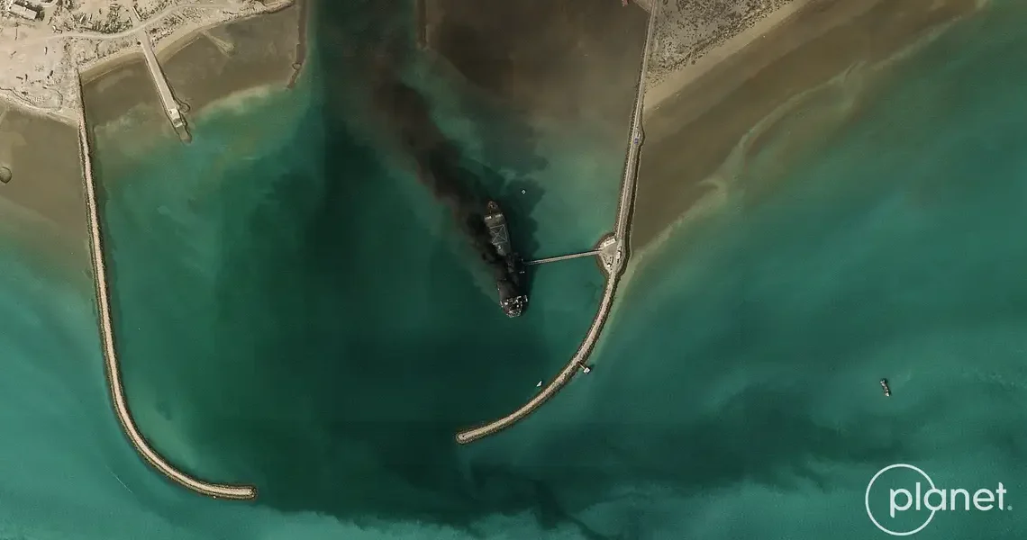 Satellite image shows Iran’s largest naval vessel, a tanker-turned-warship, smoking in port