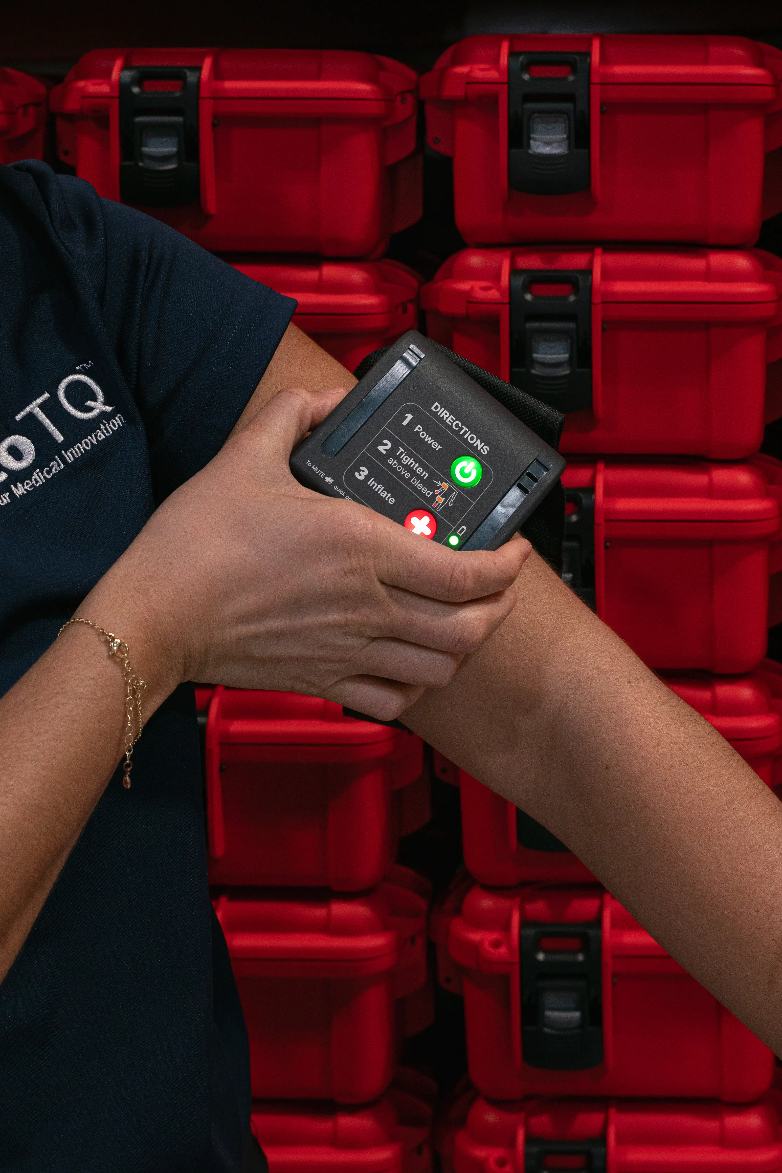 Founder Hannah Herbst demonstrates the AutoTQ armband at the company headquarters in Boca Raton, Florida on March 2, 2026.