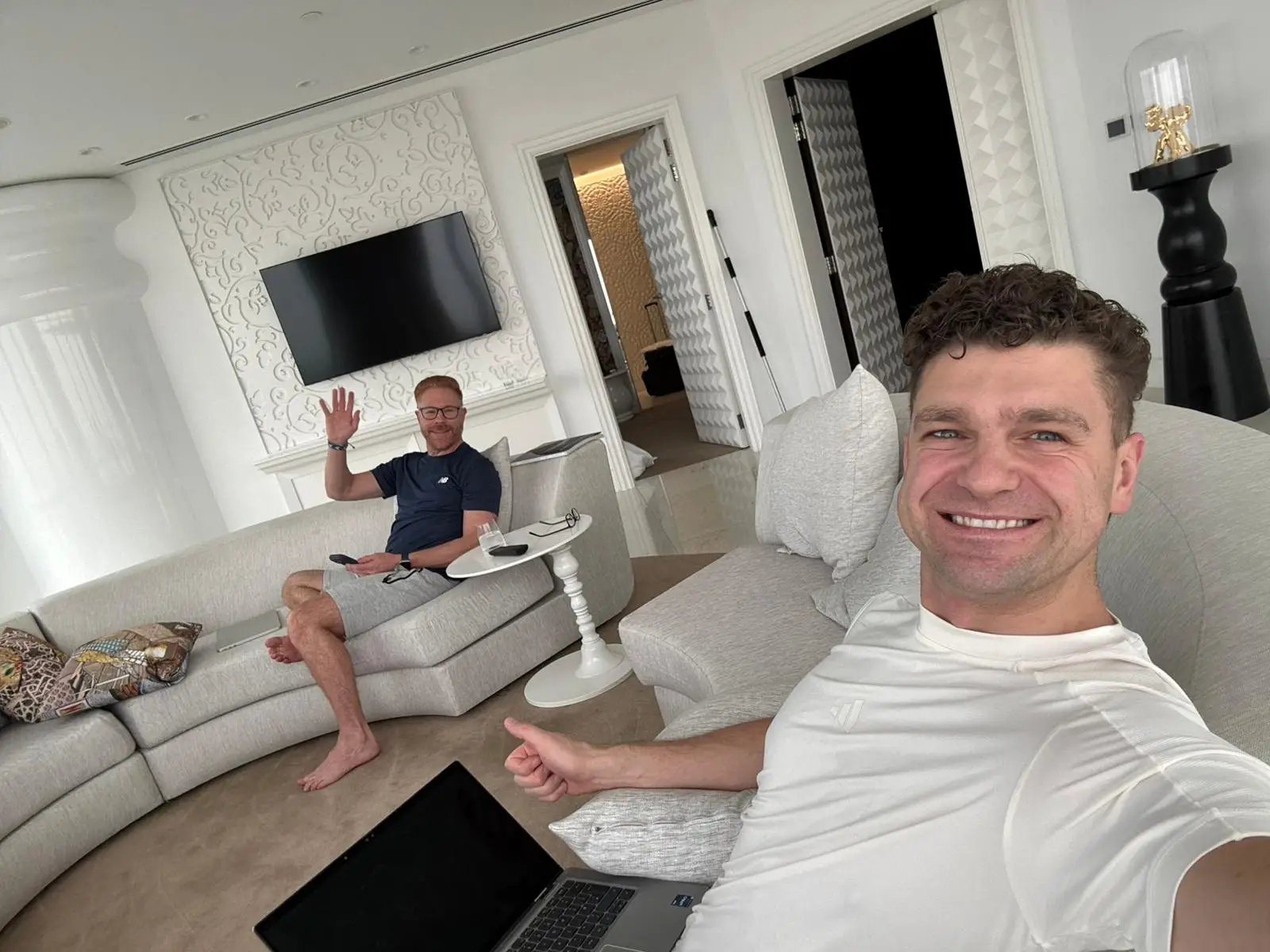 Stuart McClure and Peter Wozny in their hotel room on March 3.