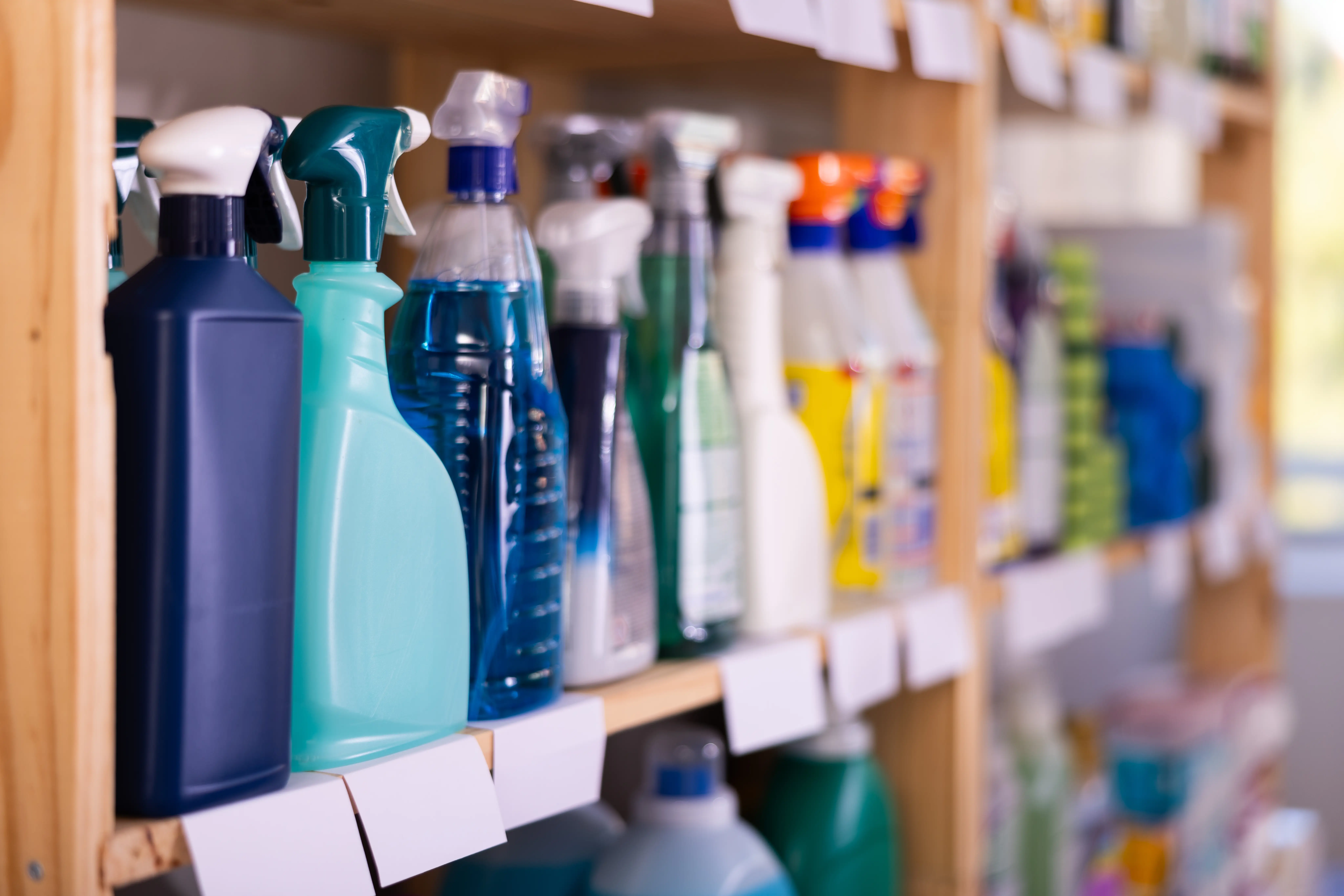 Cleaning products on a shelf.