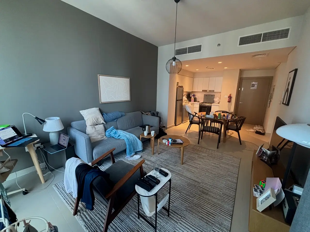 A messy living room.