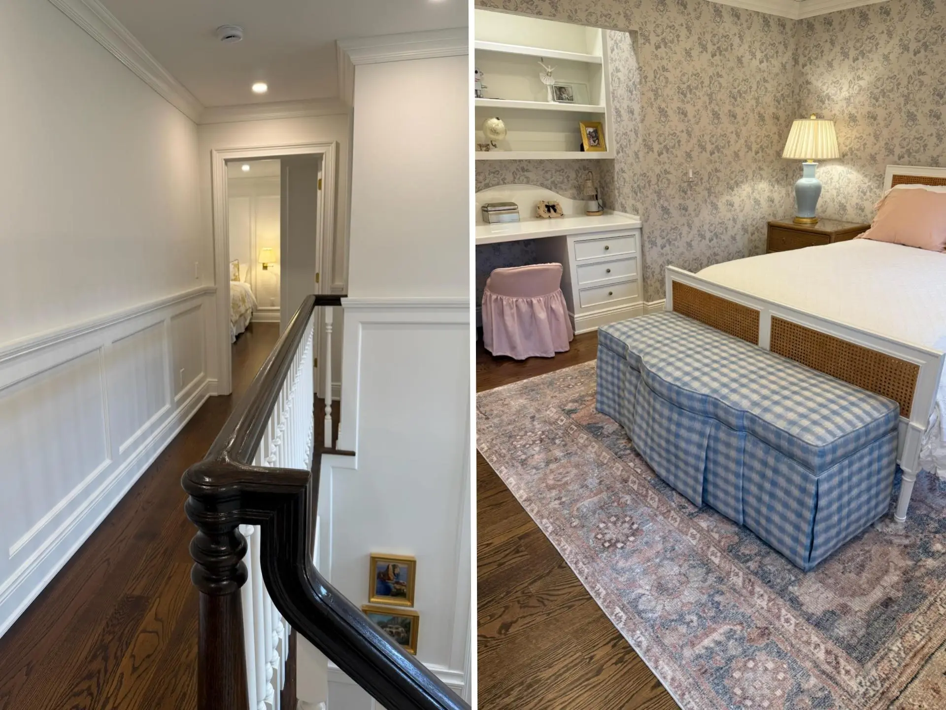 A side-by-side of a hallway and a bedroom with floral wallpaper.