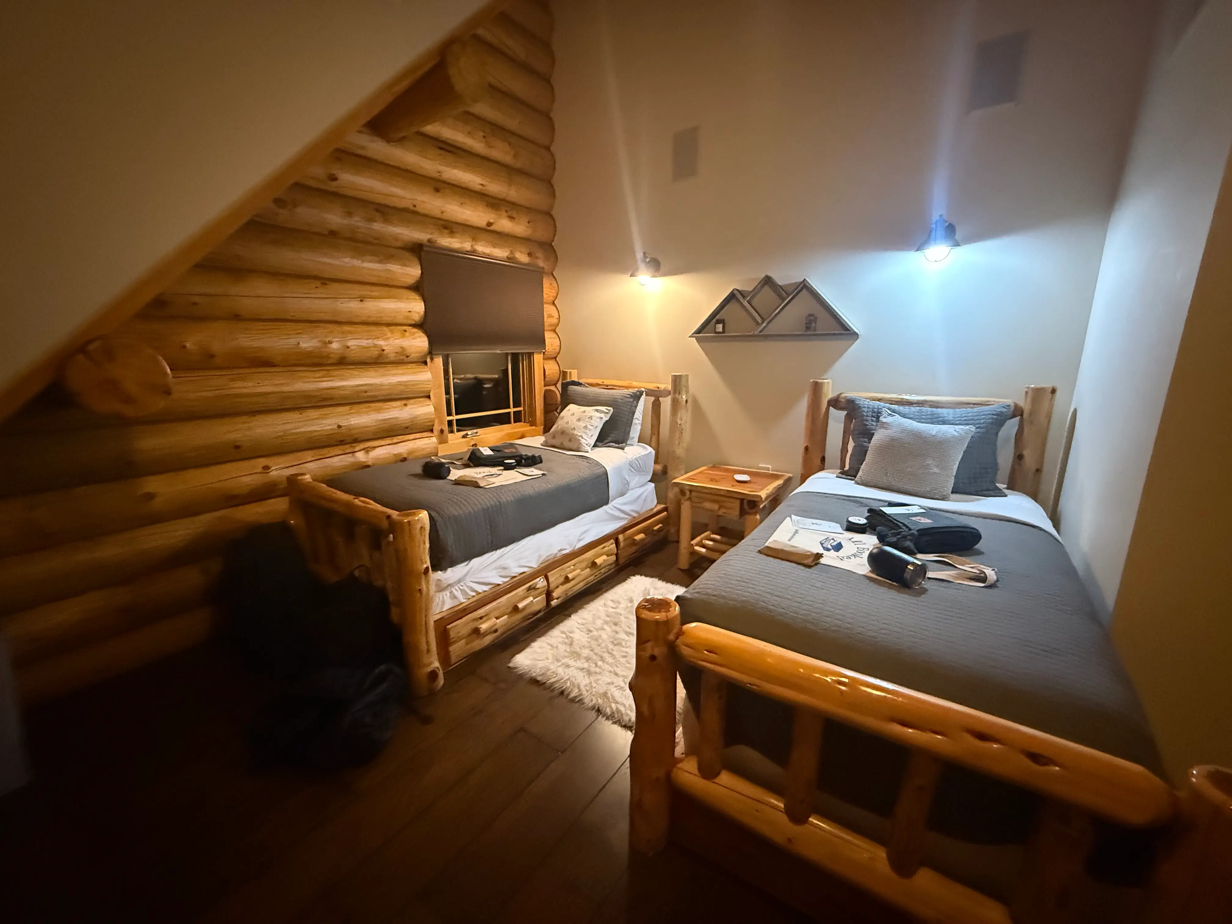 Two beds in room of cabin