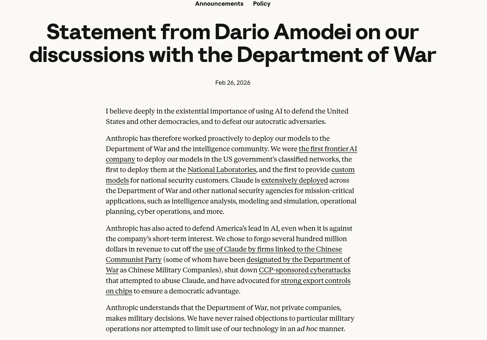 A screenshot of Anthropic's February 26th statement