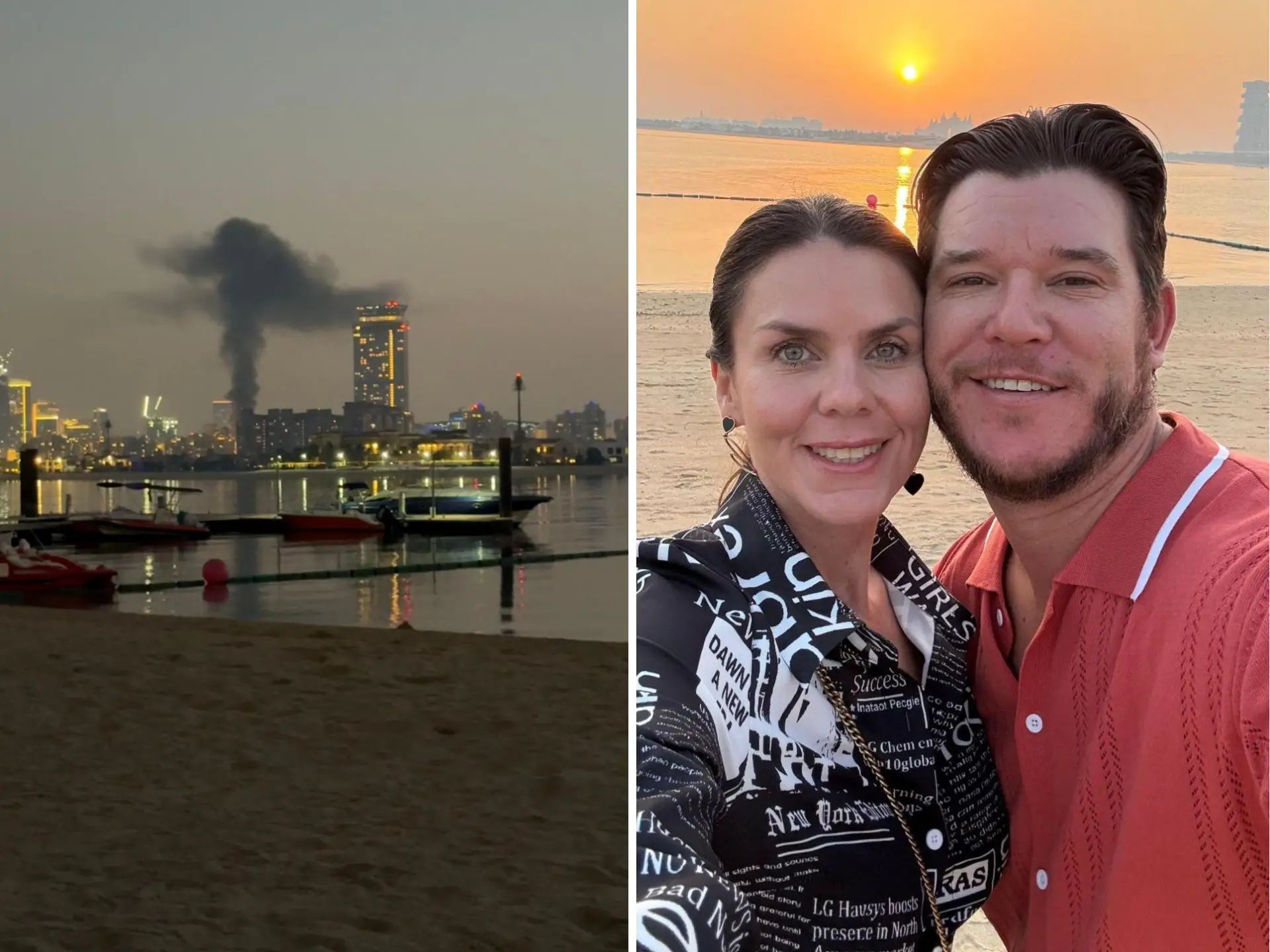 Side by side images of black smoke in the distance and Karen and Bob Carifee on the beach.