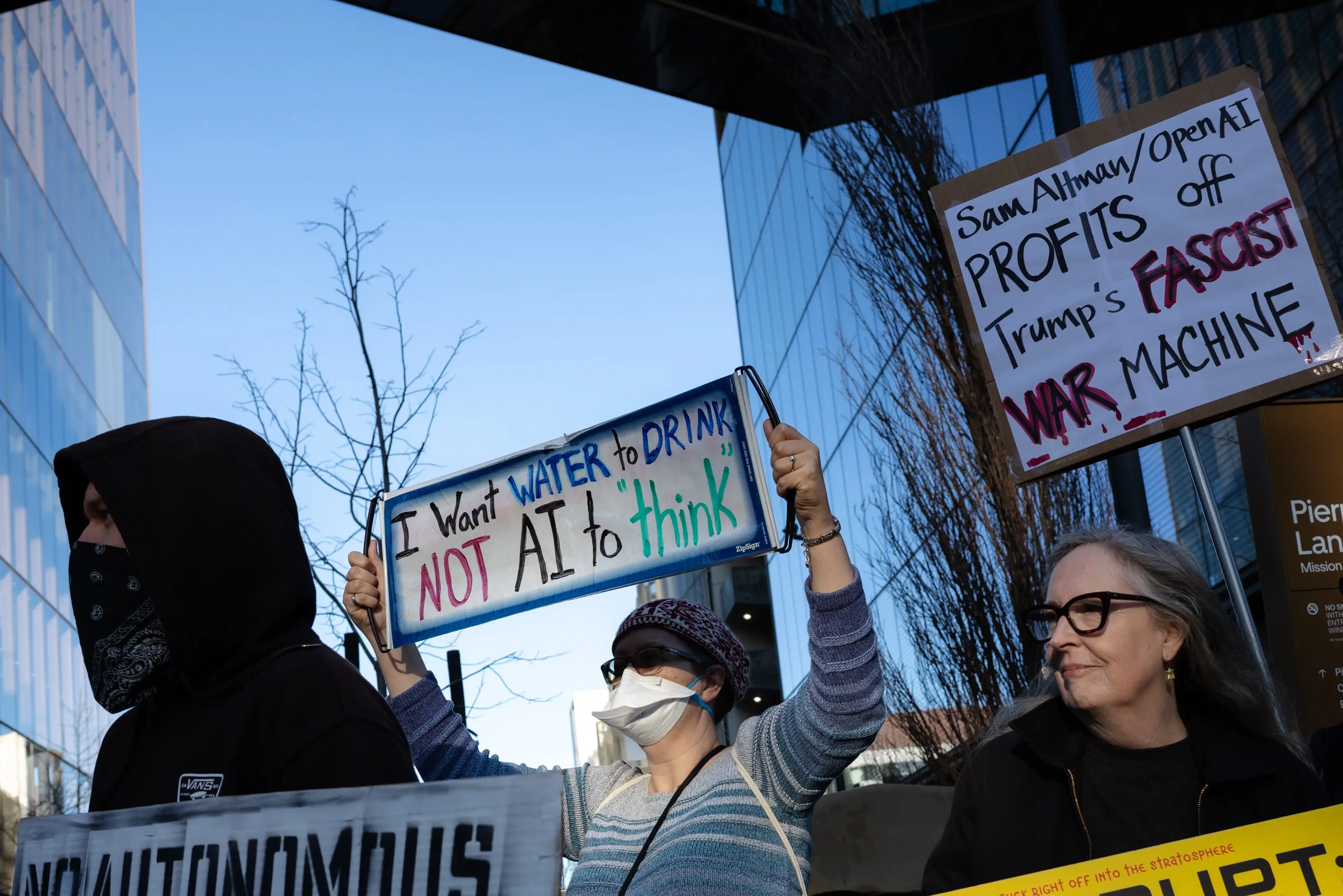 Protesters demonstrate against Open AI outside of their headquarters in San Francisco.