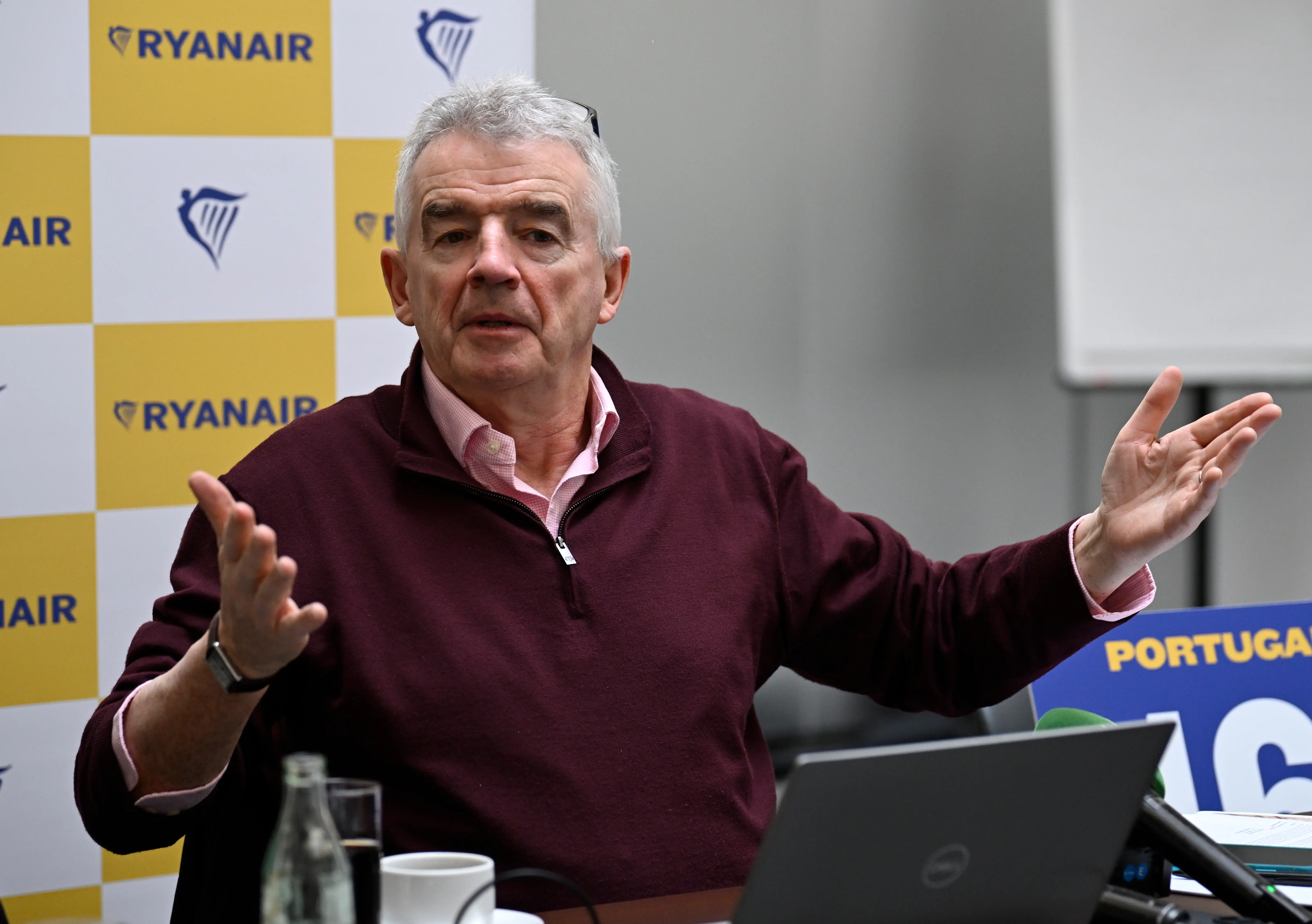 Ryanair Group CEO Michael O'Leary gestures while delivering remarks during a press conference to talk about the future of the company's operation in the Portuguese market on January 28, 2026 in Lisbon, Portugal.