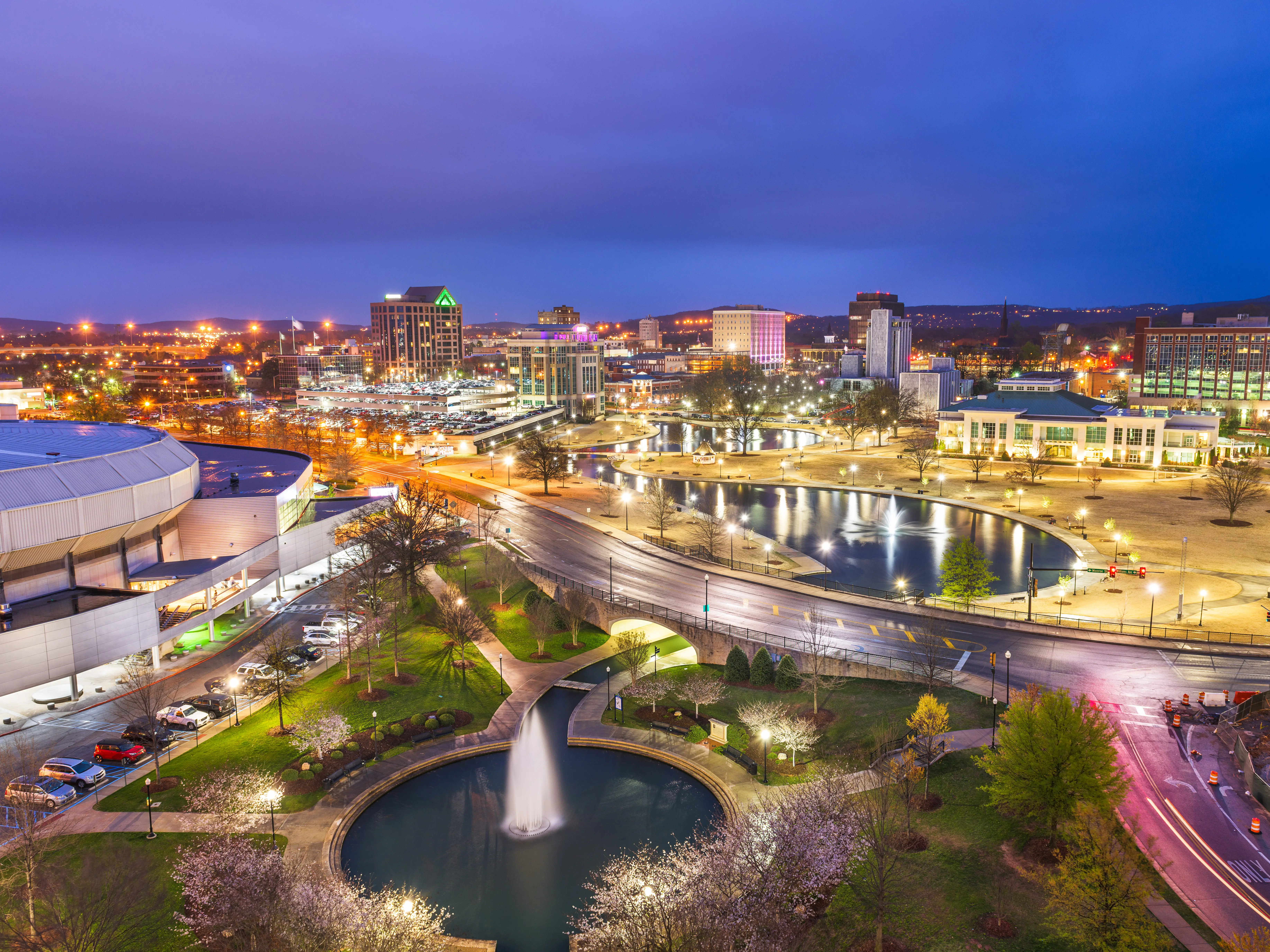 Huntsville, Alabama skyline at nighttime.