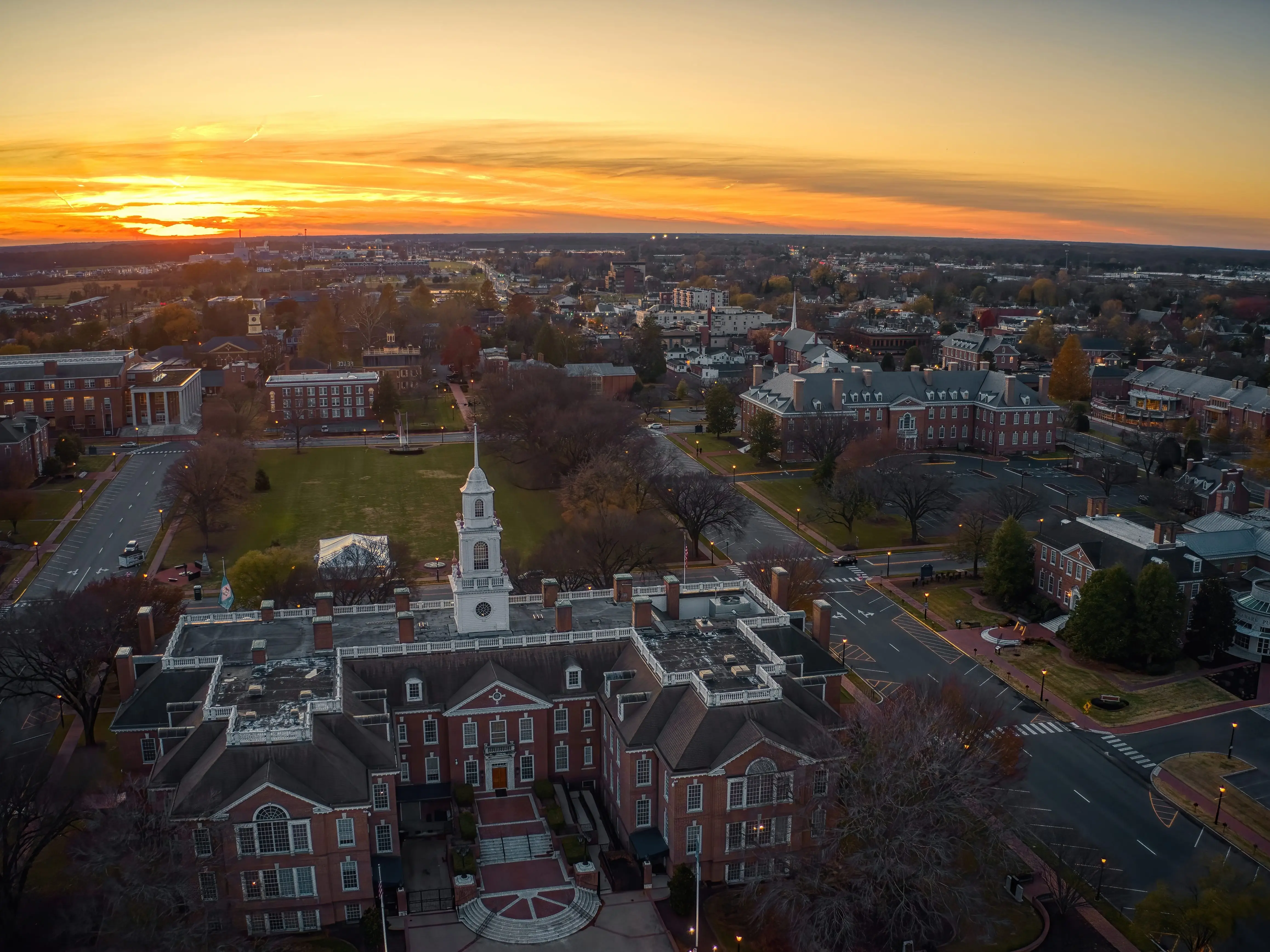 Historic buildings at sunset.