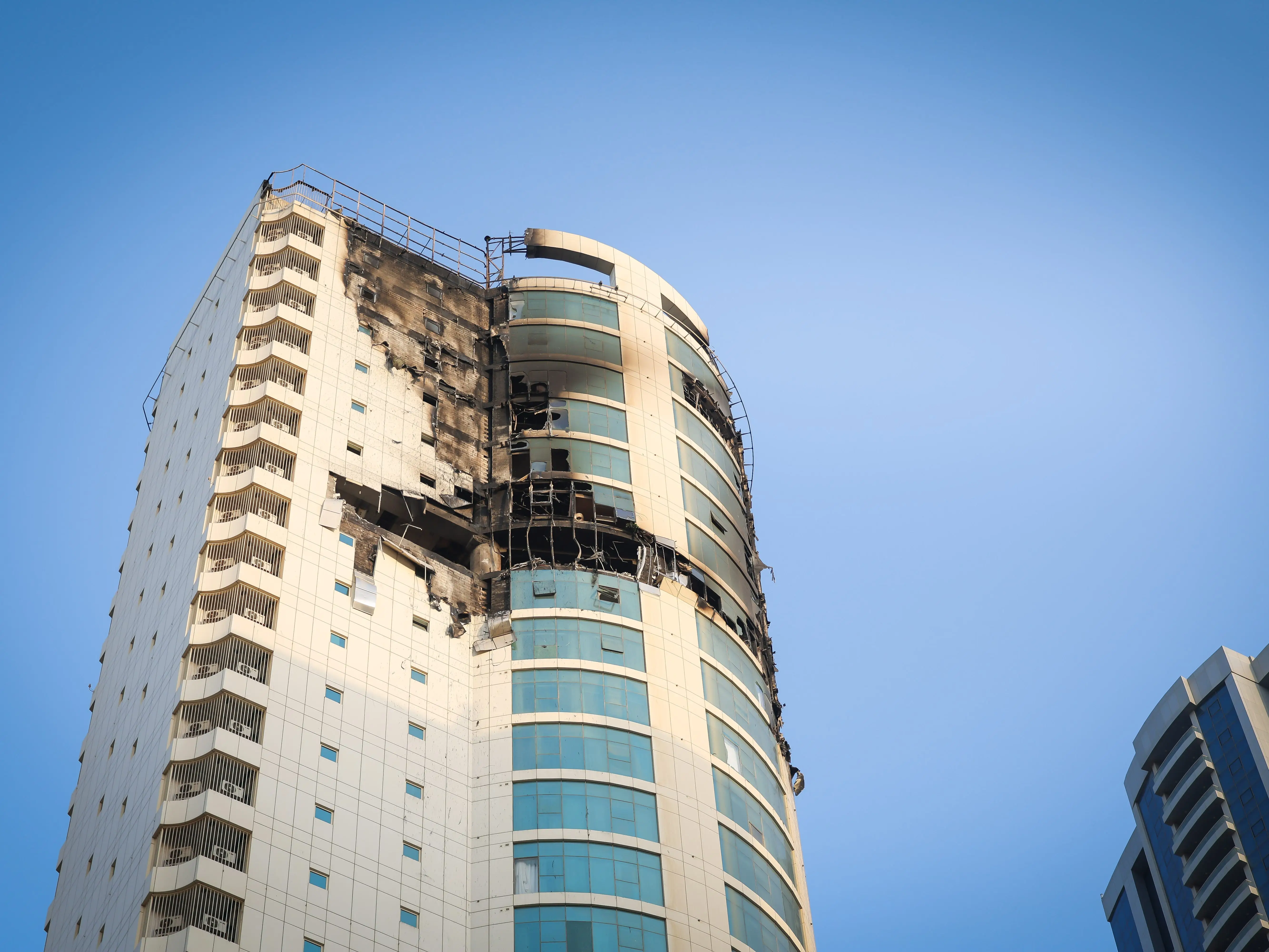 A view of damage after a kamikaze drone struck several buildings during Iranâs retaliatory attack following US and Israeli strikes in Manama, Bahrain on March 01, 2026.