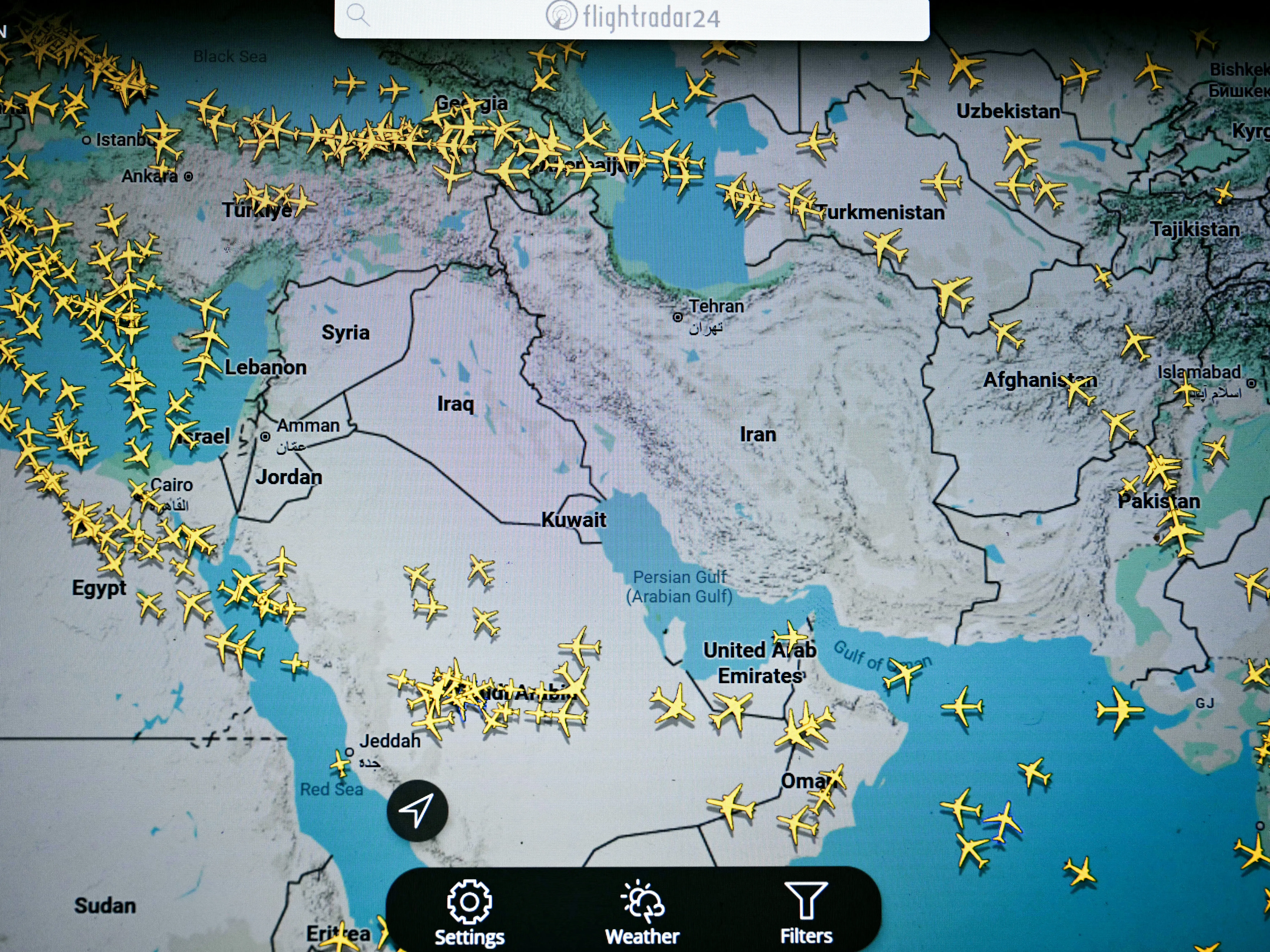 Flight radar shows planes avoiding Middle Eastern countries amid Iran conflict.