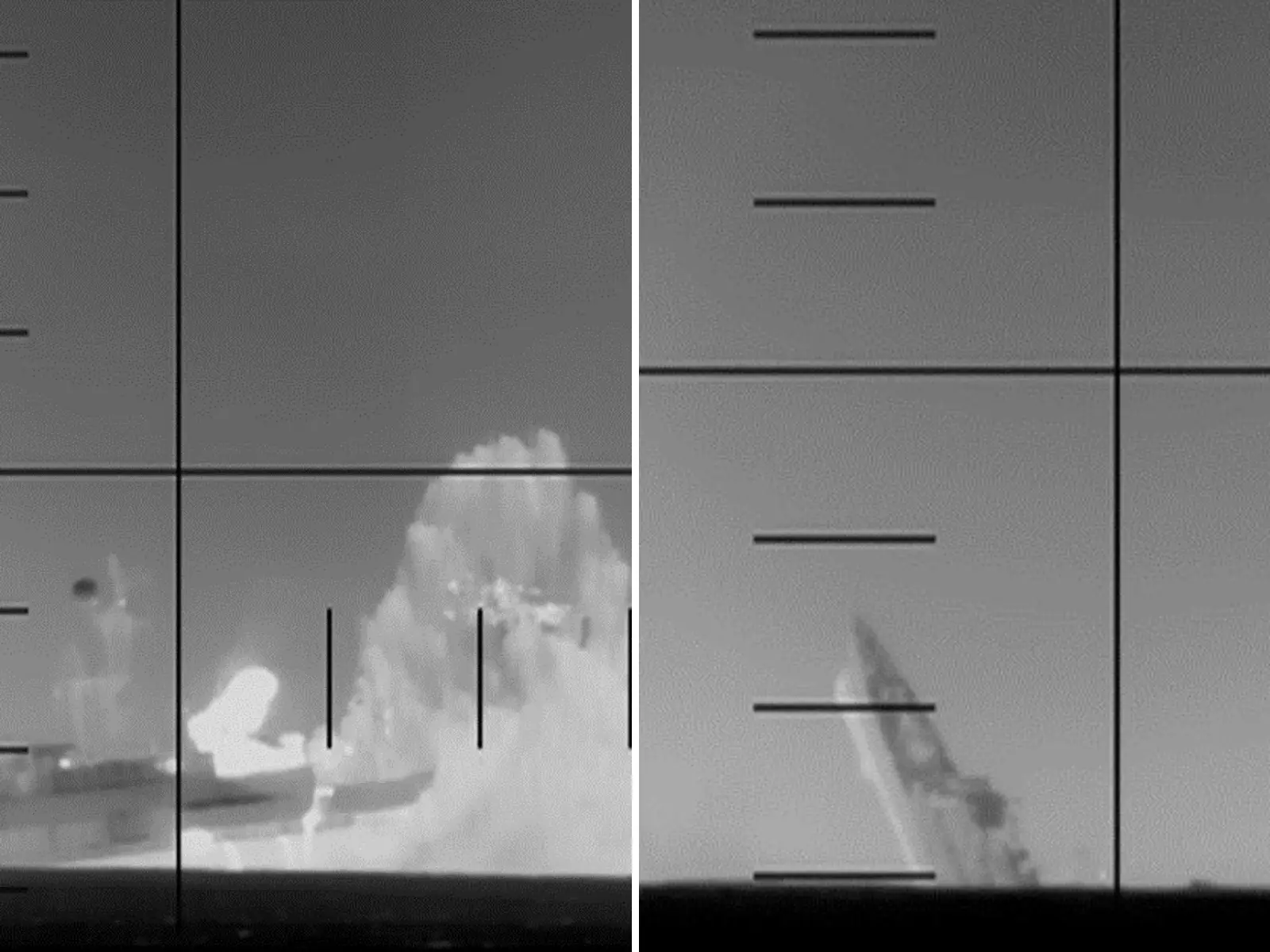 A split image showing a US Navy submarine torpedoing an Iranian warship.