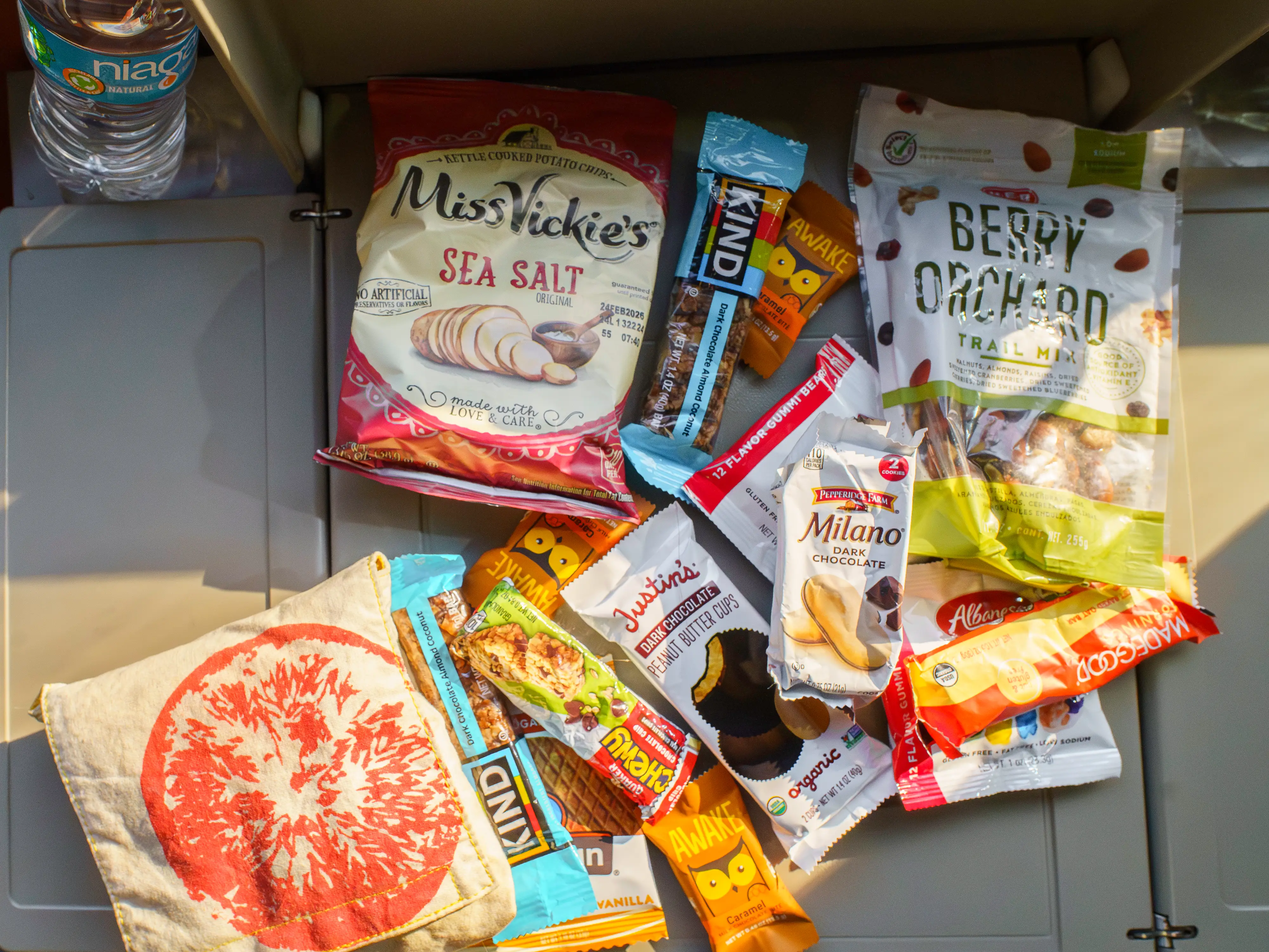 An aerial view of packaged snacks on a table