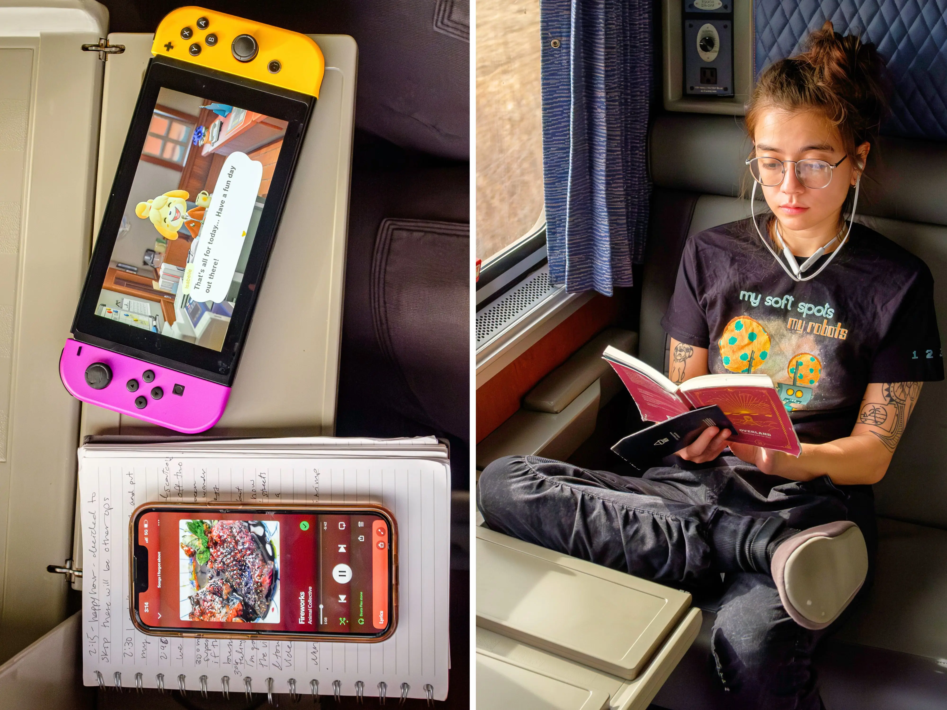 A composite image of a notebook, phone, and Nintendo on a table and the author reading a book on the train