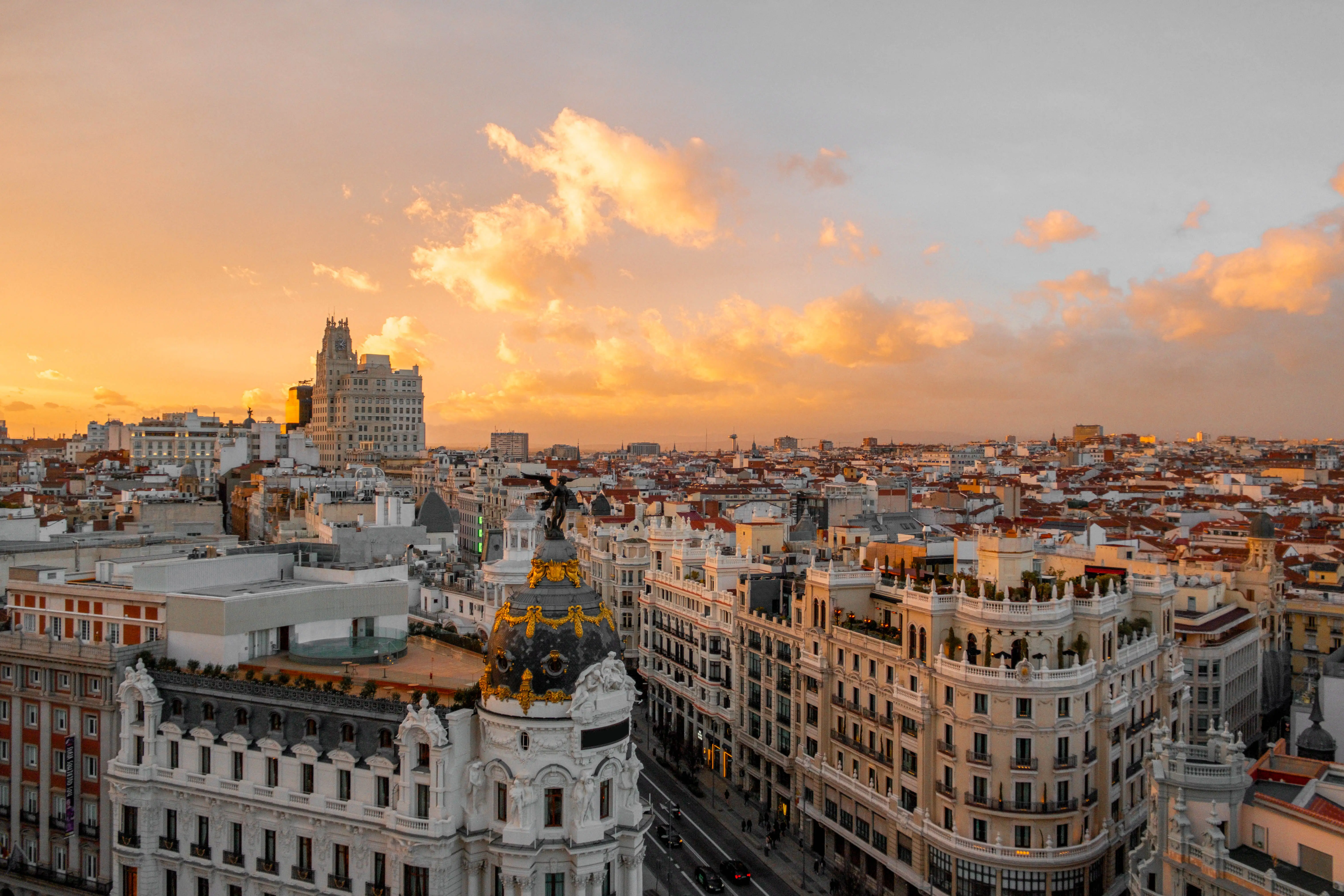 Panoramic view of Madrid's historic city center at sunset