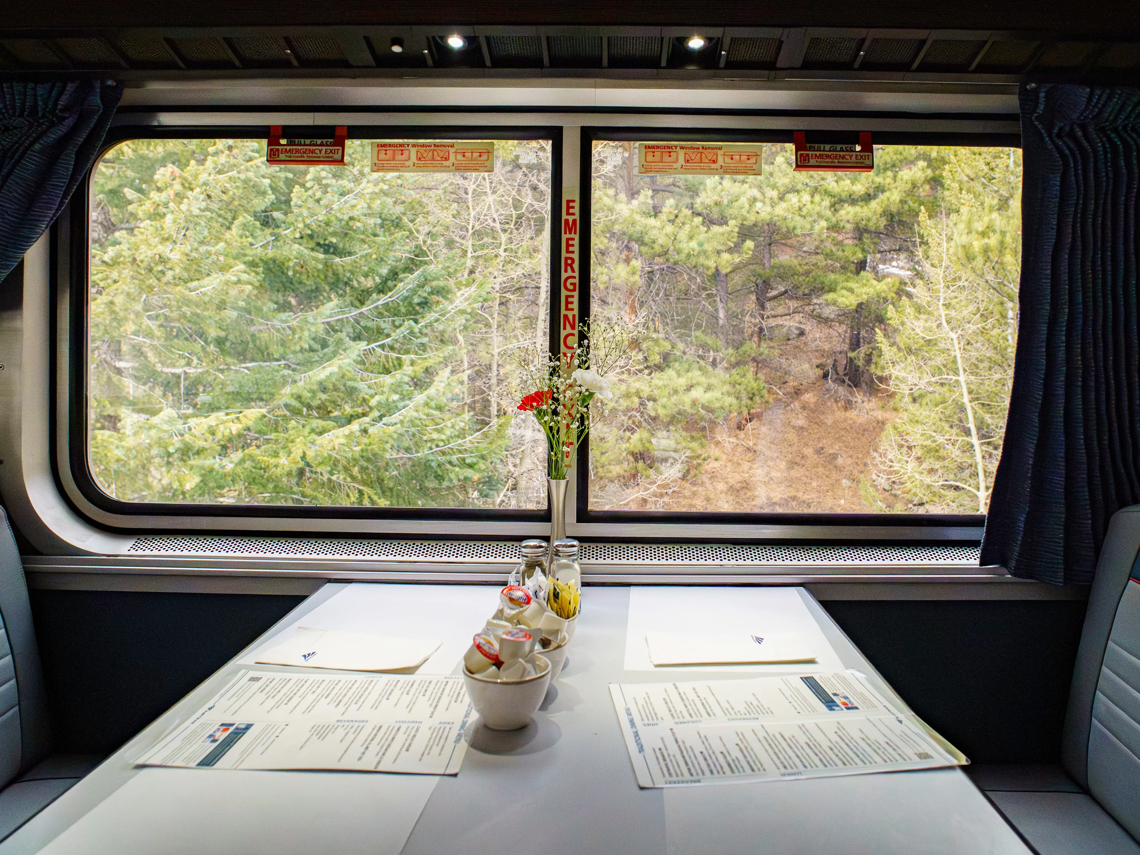 A table in front of a window in the dining car on the train