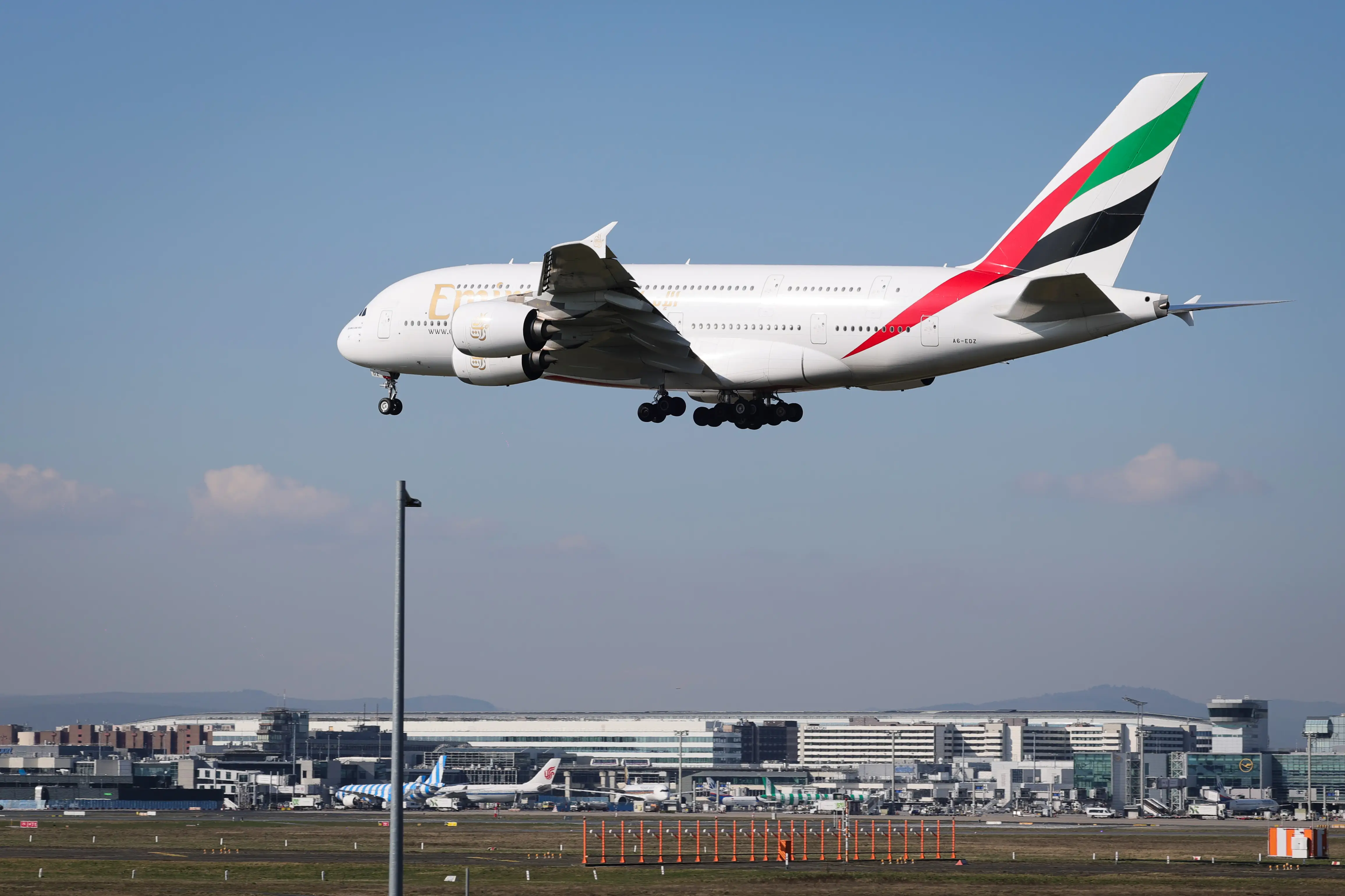 An Emirates A380 landing in Germany.
