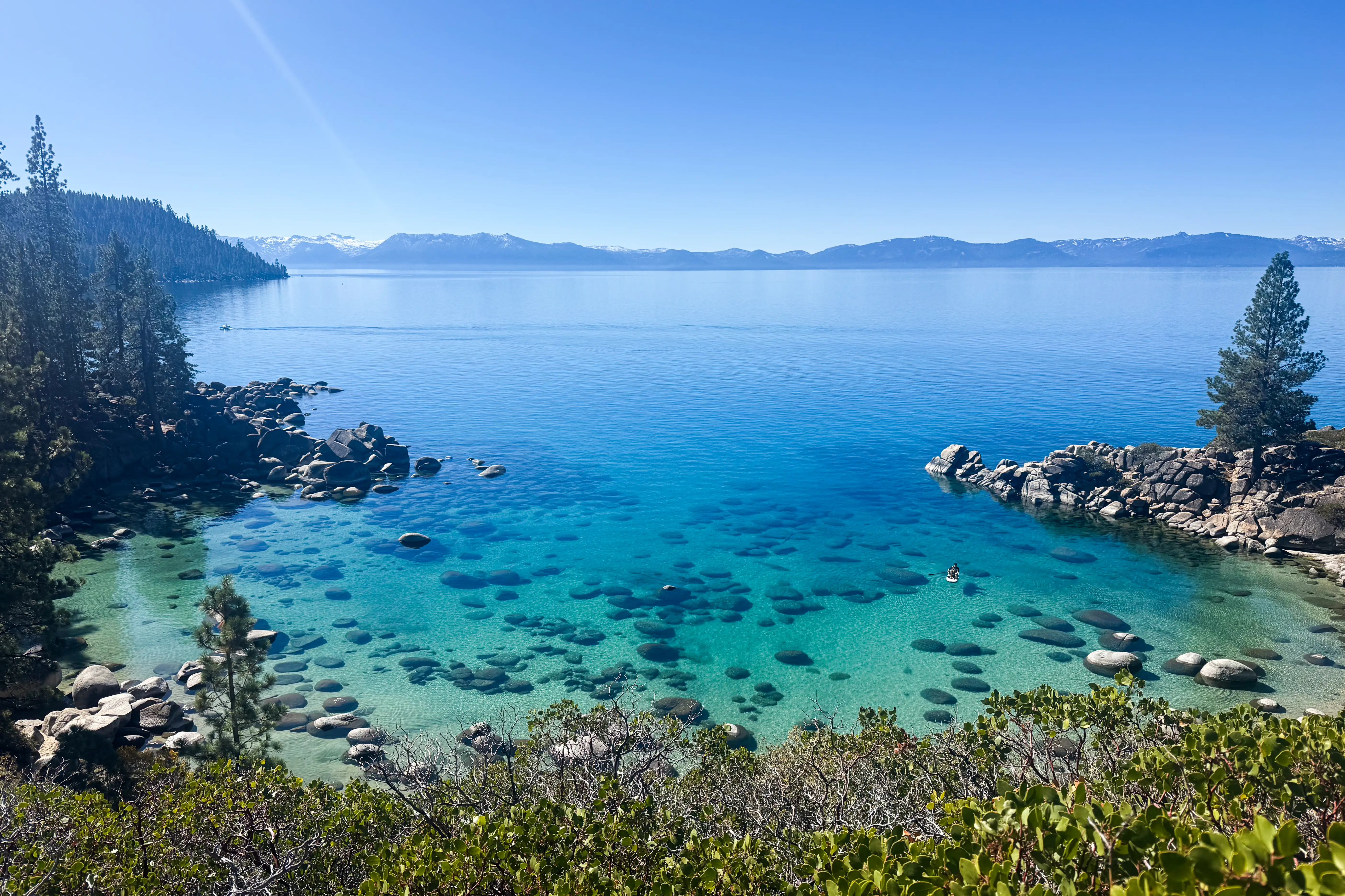 Aerial view of clear blue waters of Lake Tahoe