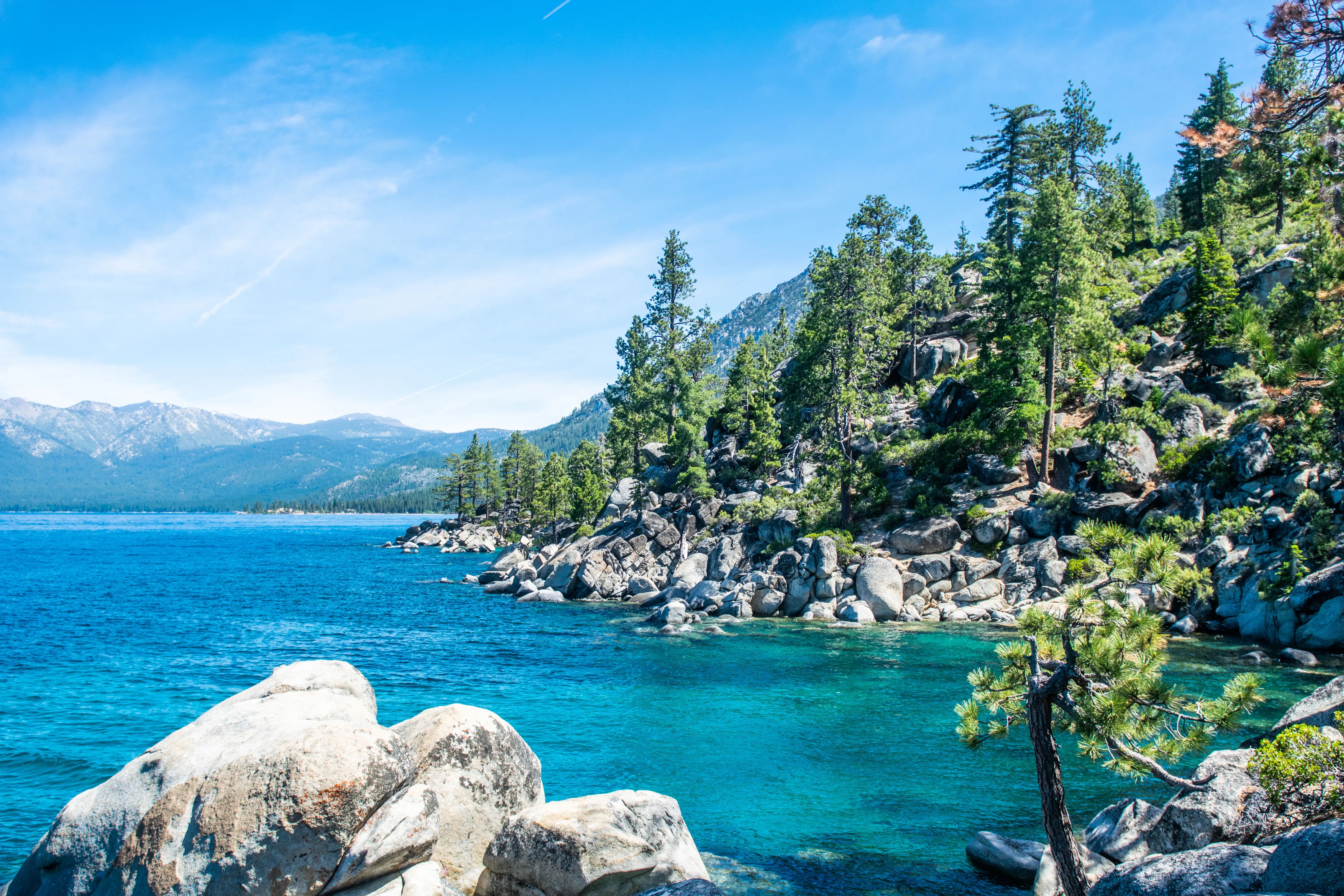 View of rocks, trees along Lake Tahoe