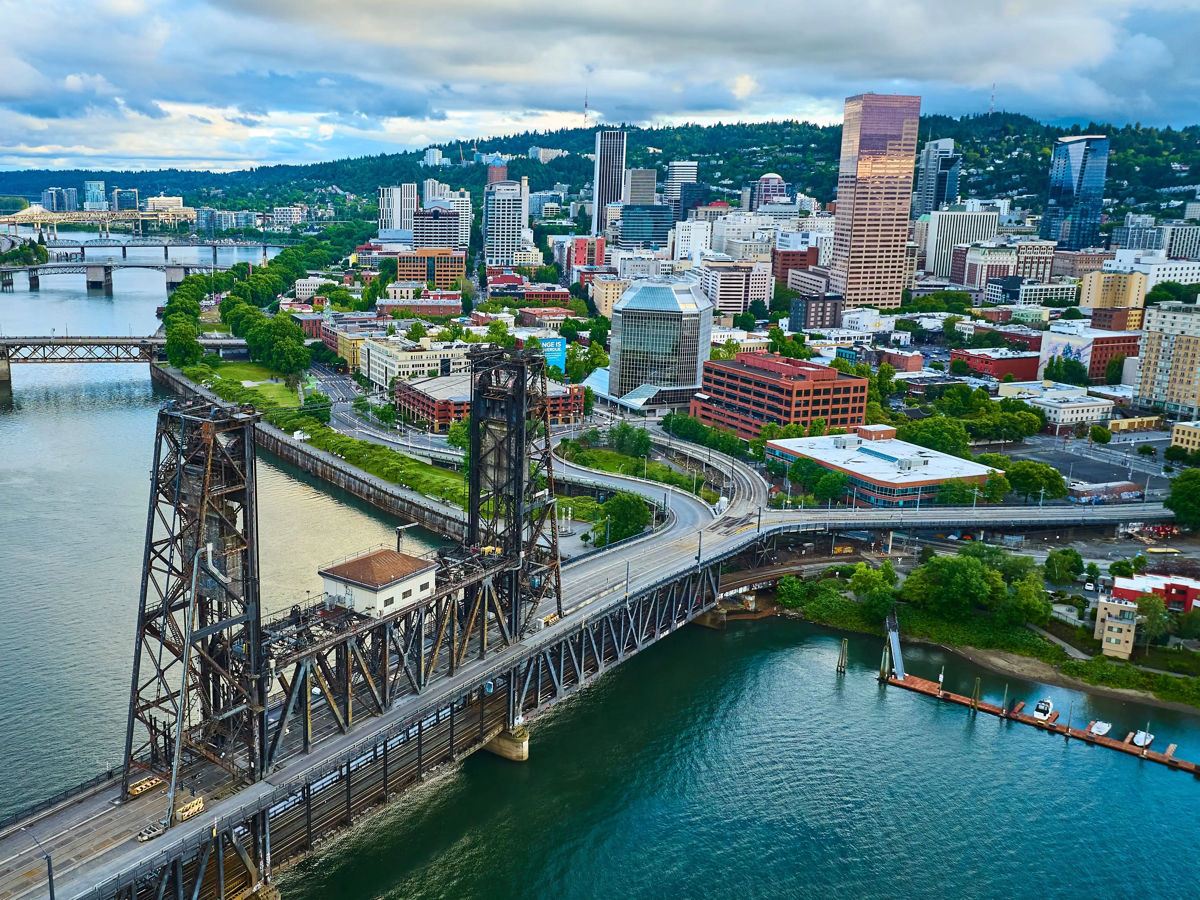 A bridge in front of buildings in Portland, Oregon.