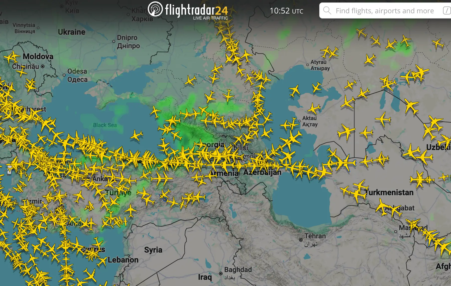 A map from Flightradar24 shows planes flying across the Caucasus and north into Russia.