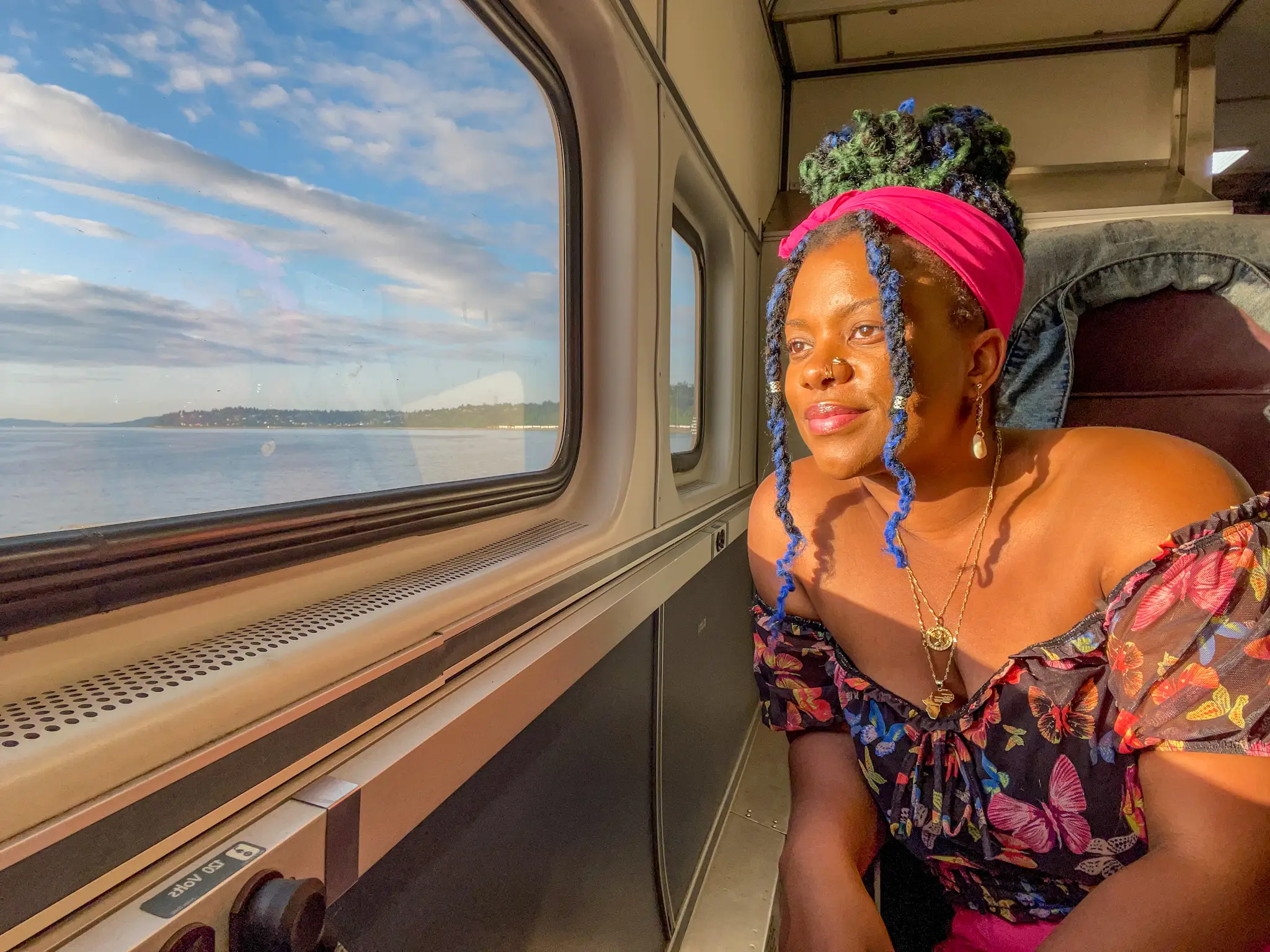 Sojourner looks out the window of a train.