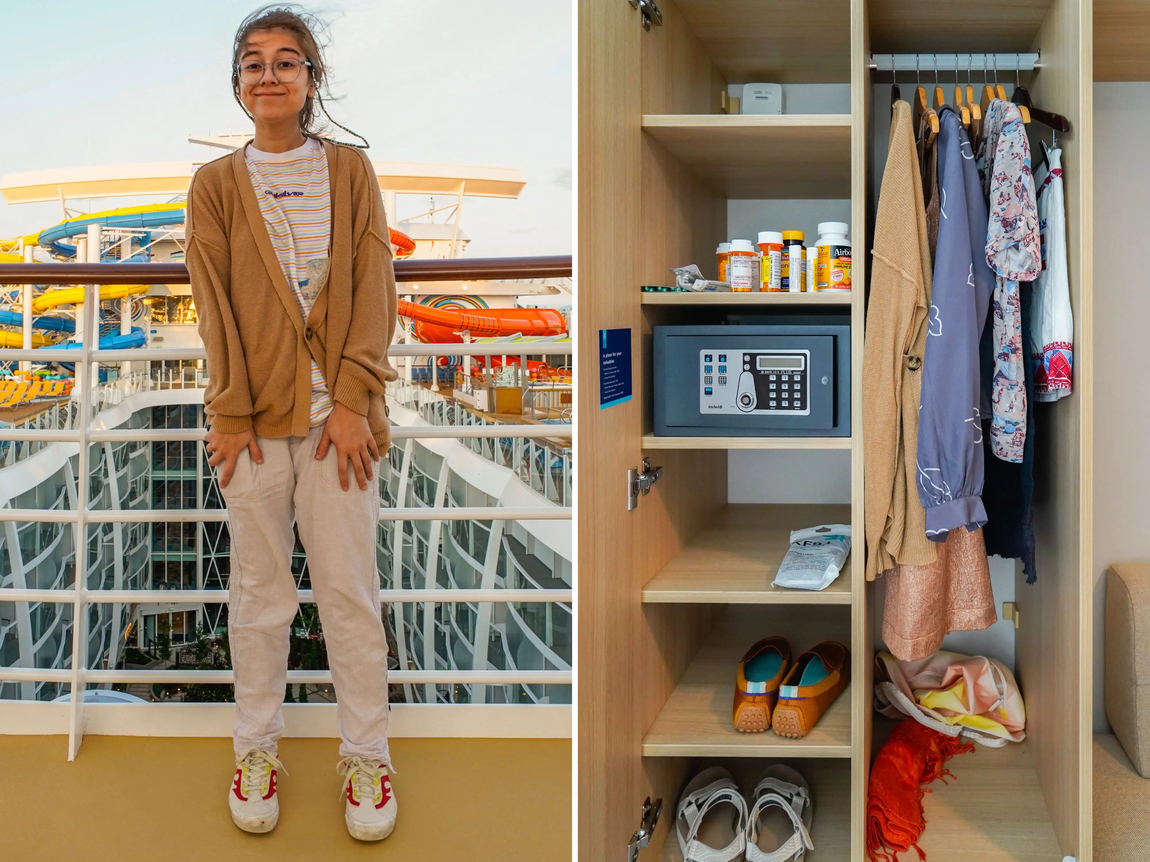 A composite image of the author standing on the top deck of a cruise ship and clothes inside a cabin closet