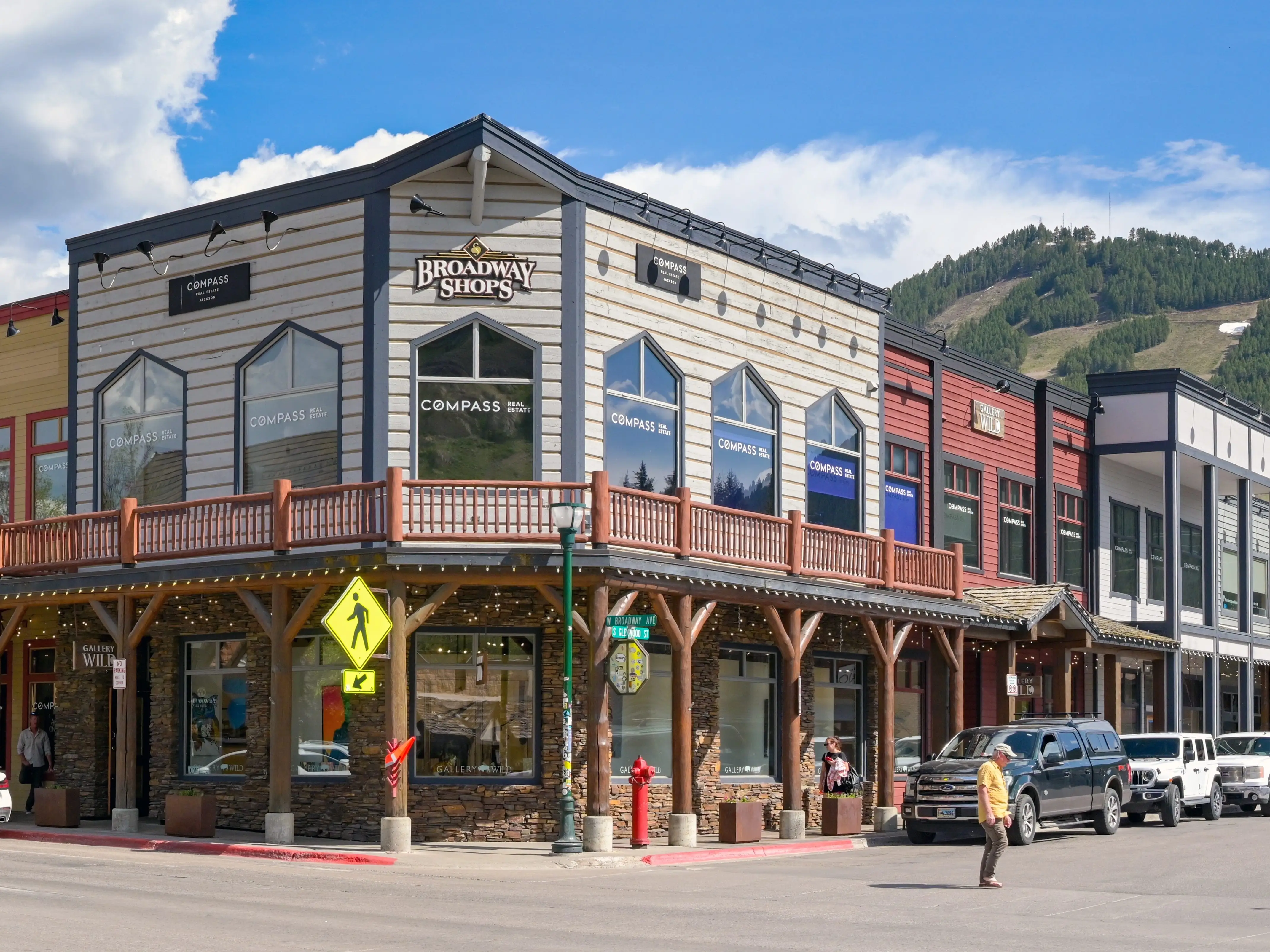 Shops on a street corner in nearby Jackson, Wyoming.
