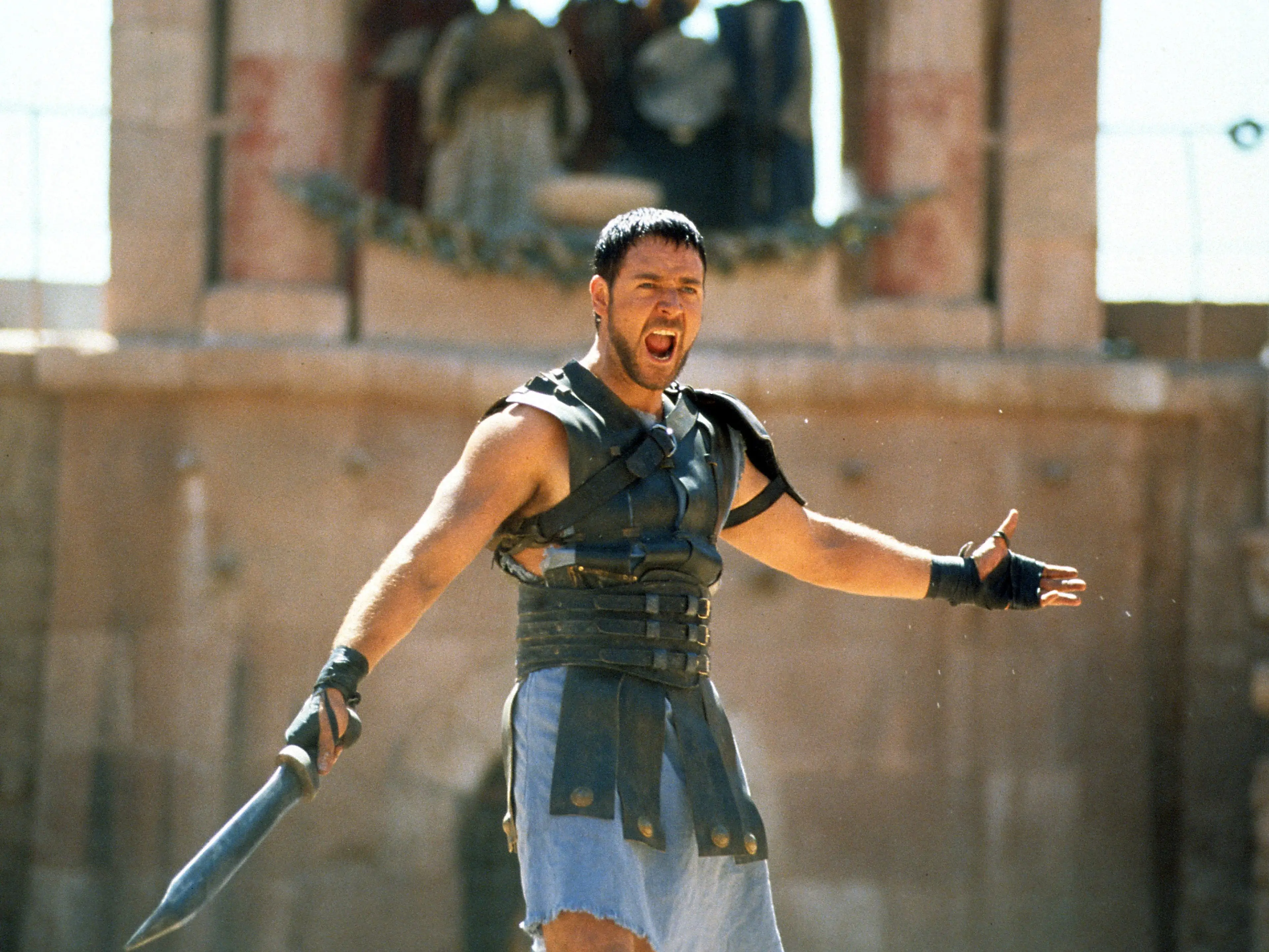 Russell Crowe with sword in a scene from the film 'Gladiator', 2000.