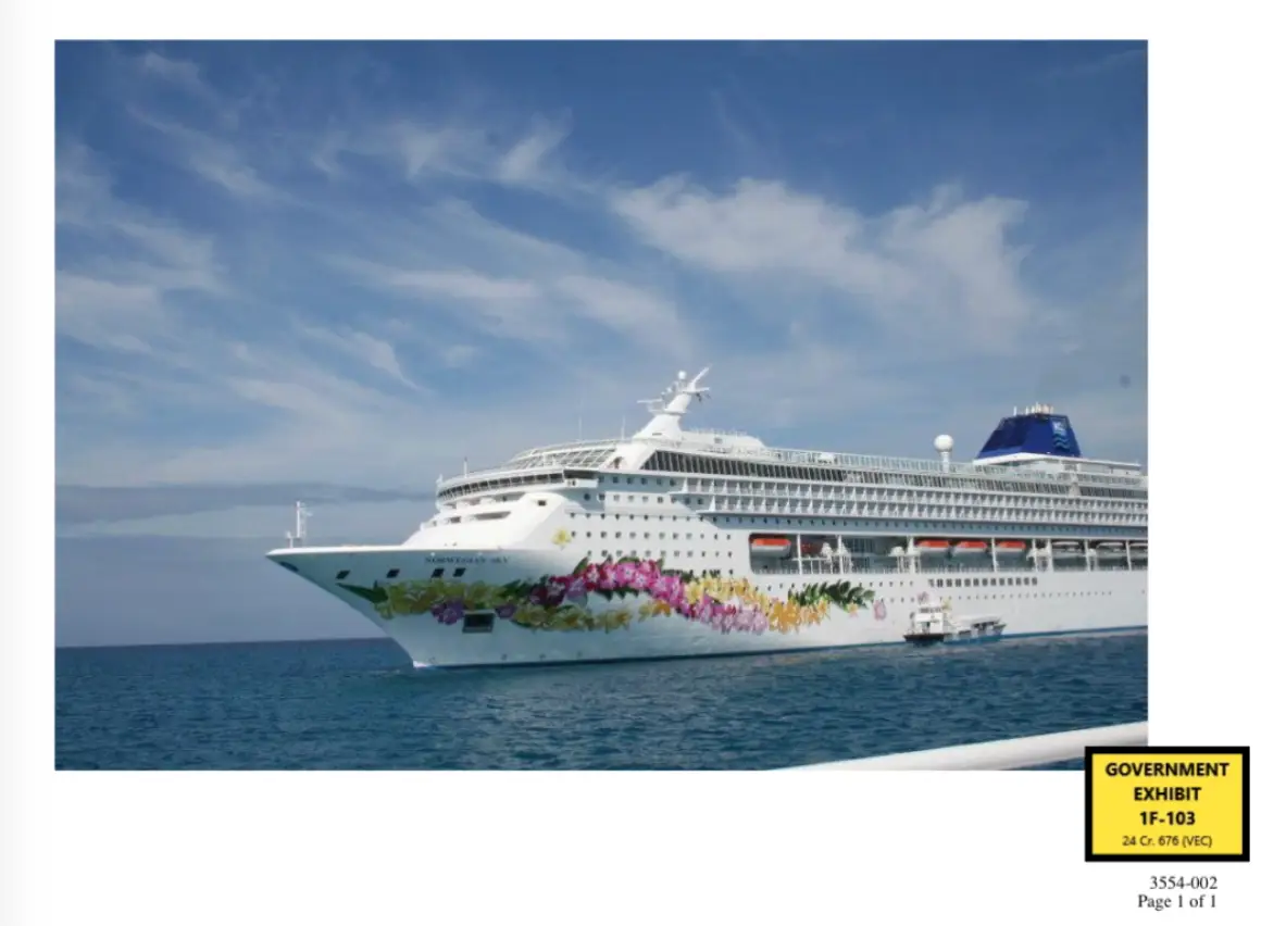 An evidence photo from the Alexander brothers sex-trafficking trial shows the Norwegian Sky cruise ship where a woman says she was raped by Alon and Oren Alexander in 2012.