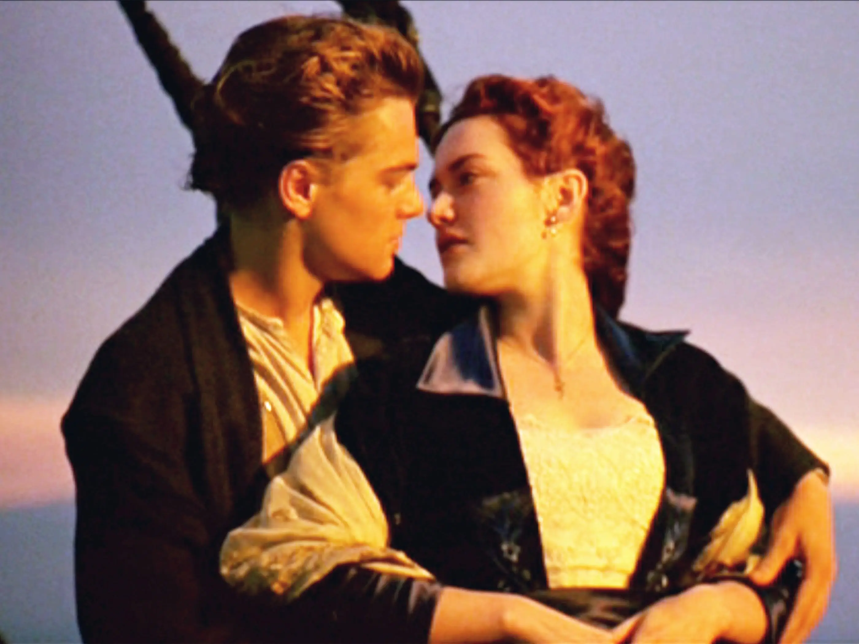 Leonardo DiCaprio and Kate Winslet on the bow of the Titanic in 