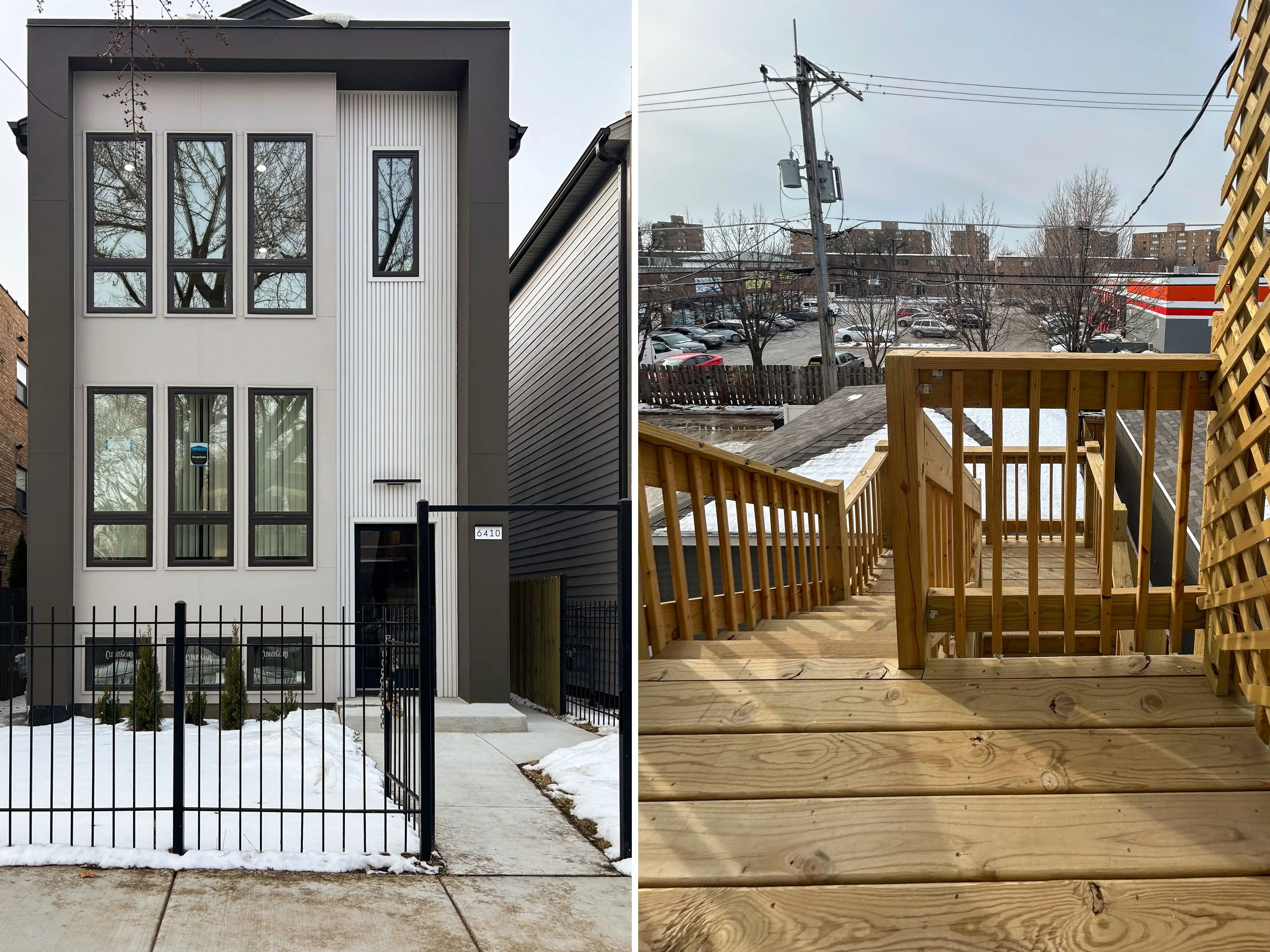 A composite image of the exterior of a rectangular, modern condo building with snow in the front yard; and stairs going down a wooden patio with telephone wires, a telephone pole, and buildings in the background