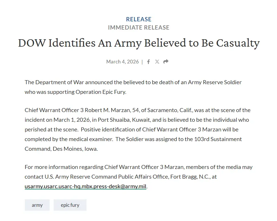 Screenshot of the DoD announcement.