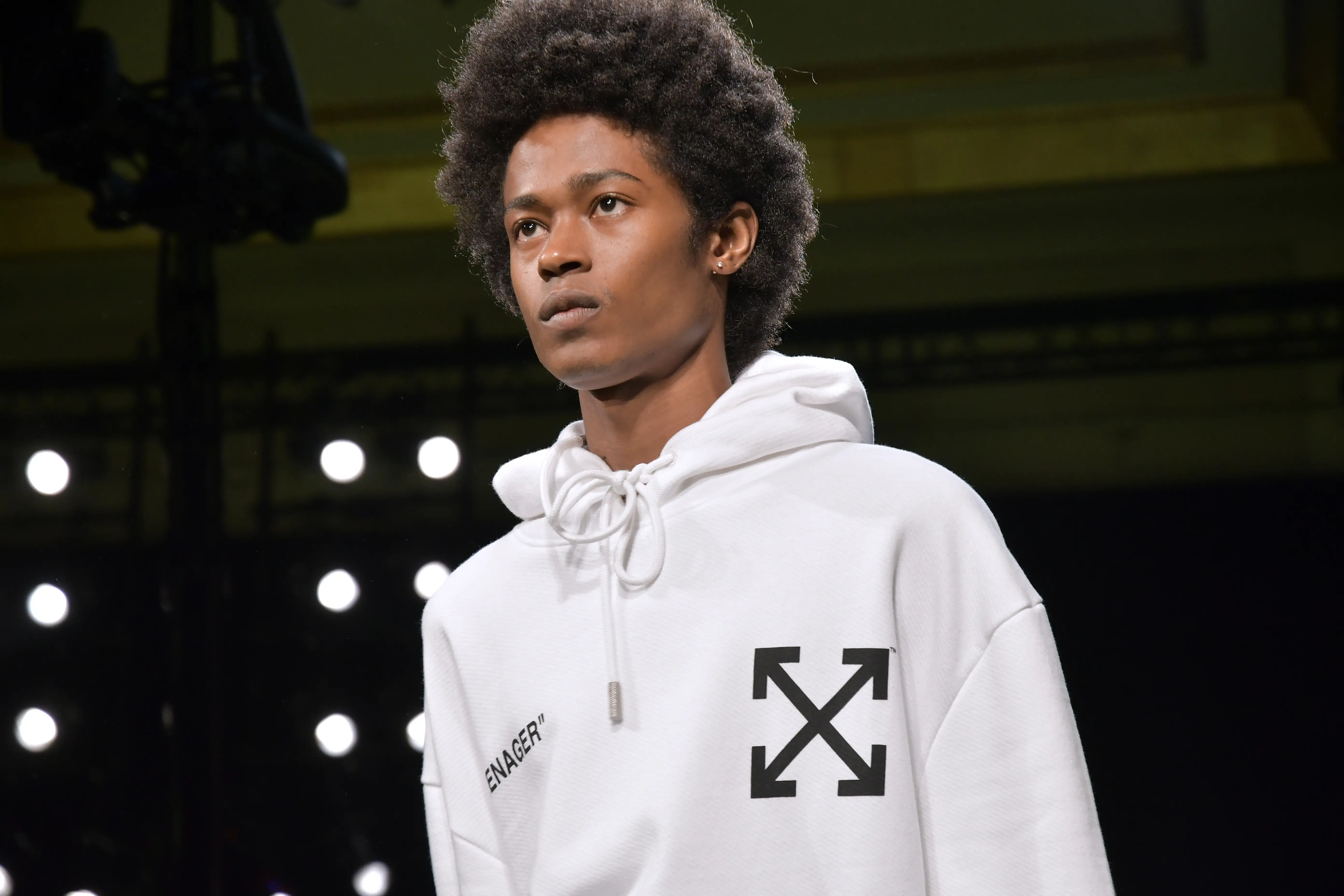 Model wearing Off-White hoodie