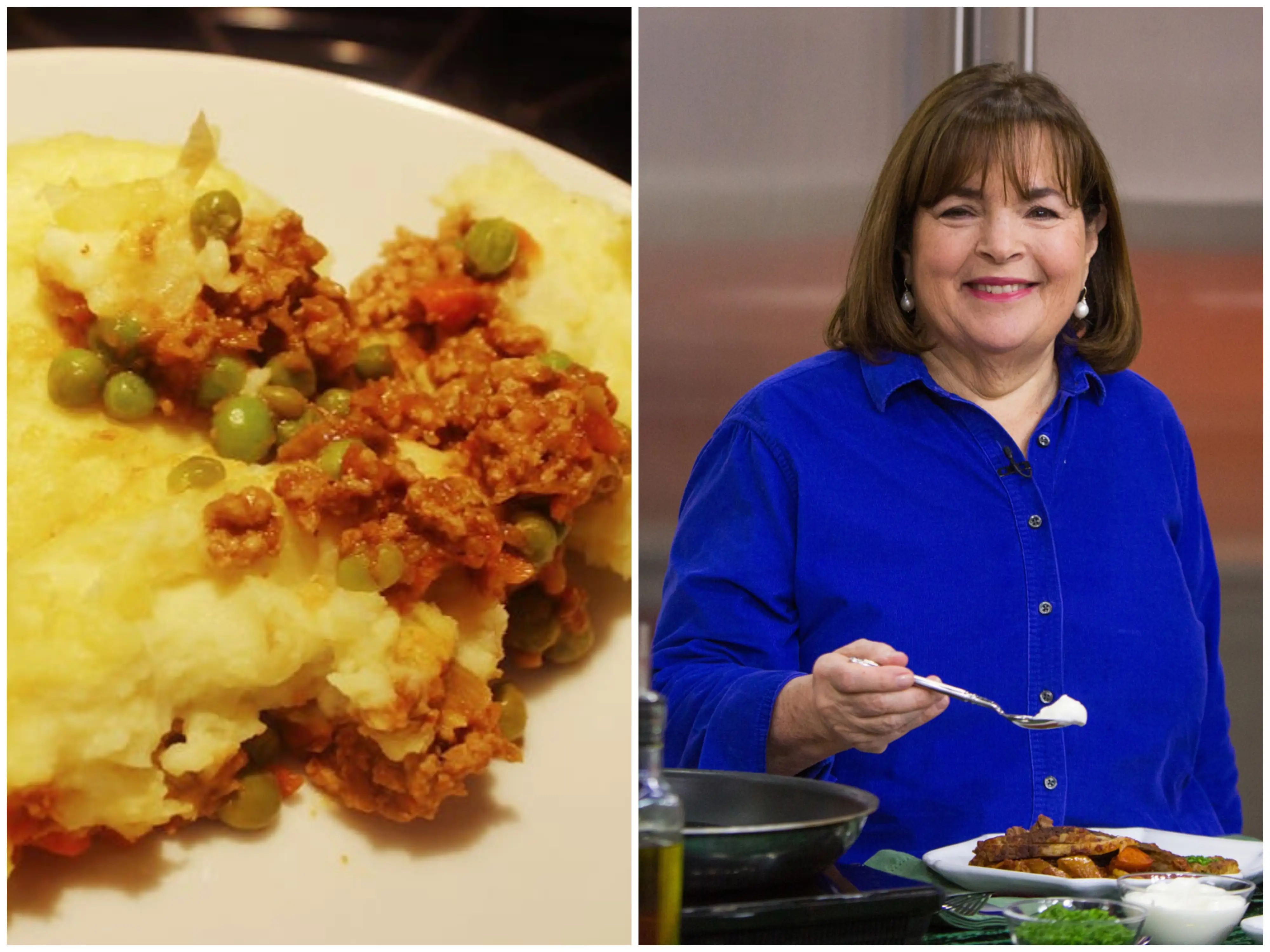 Ina Garten's shepherd's pie with a photo of the chef.