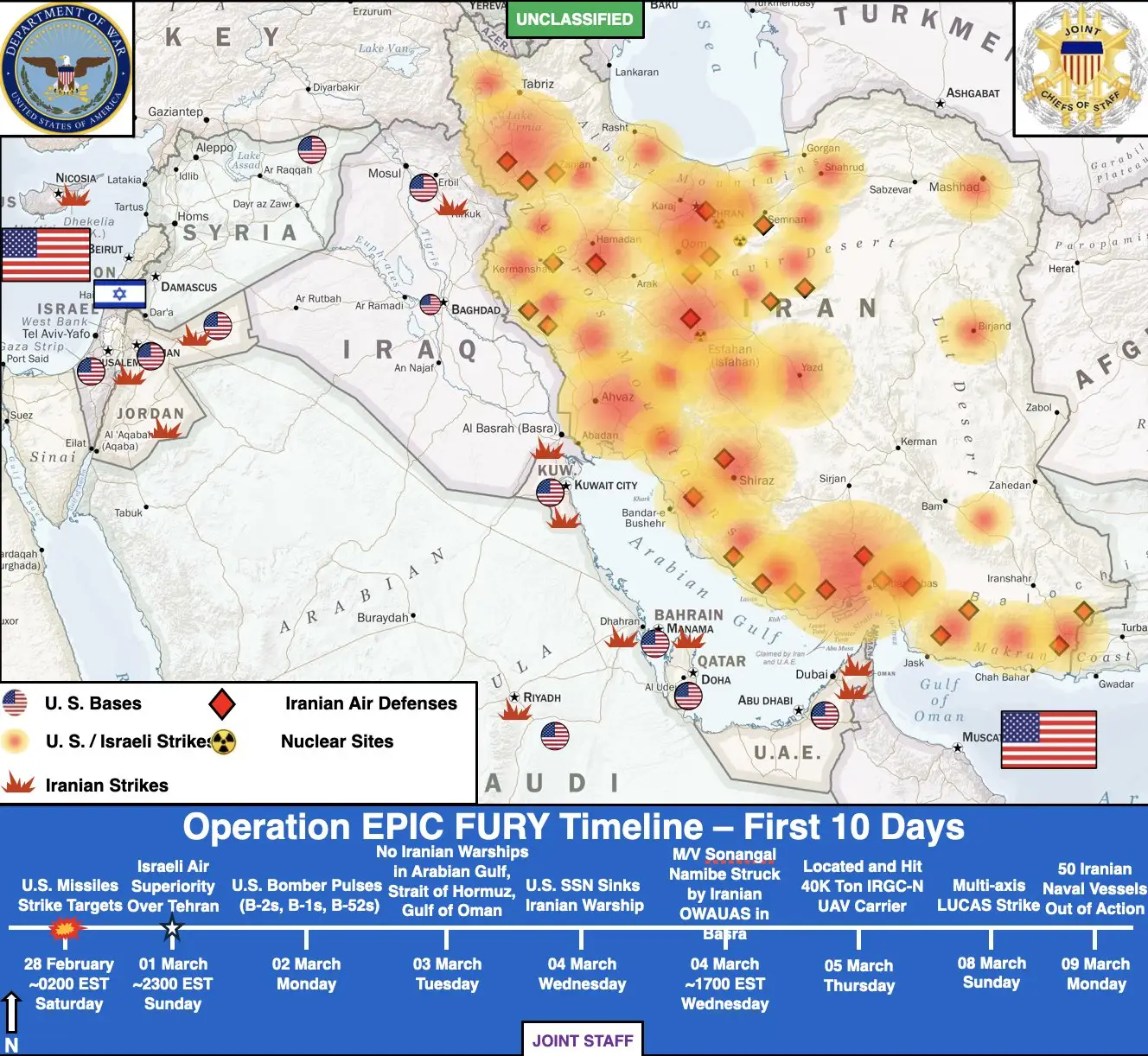 A map of Iran and other Middle Eastern countries showing where the US and Israel have targeted in Iran and where Iran has struck in retaliatory attacks.
