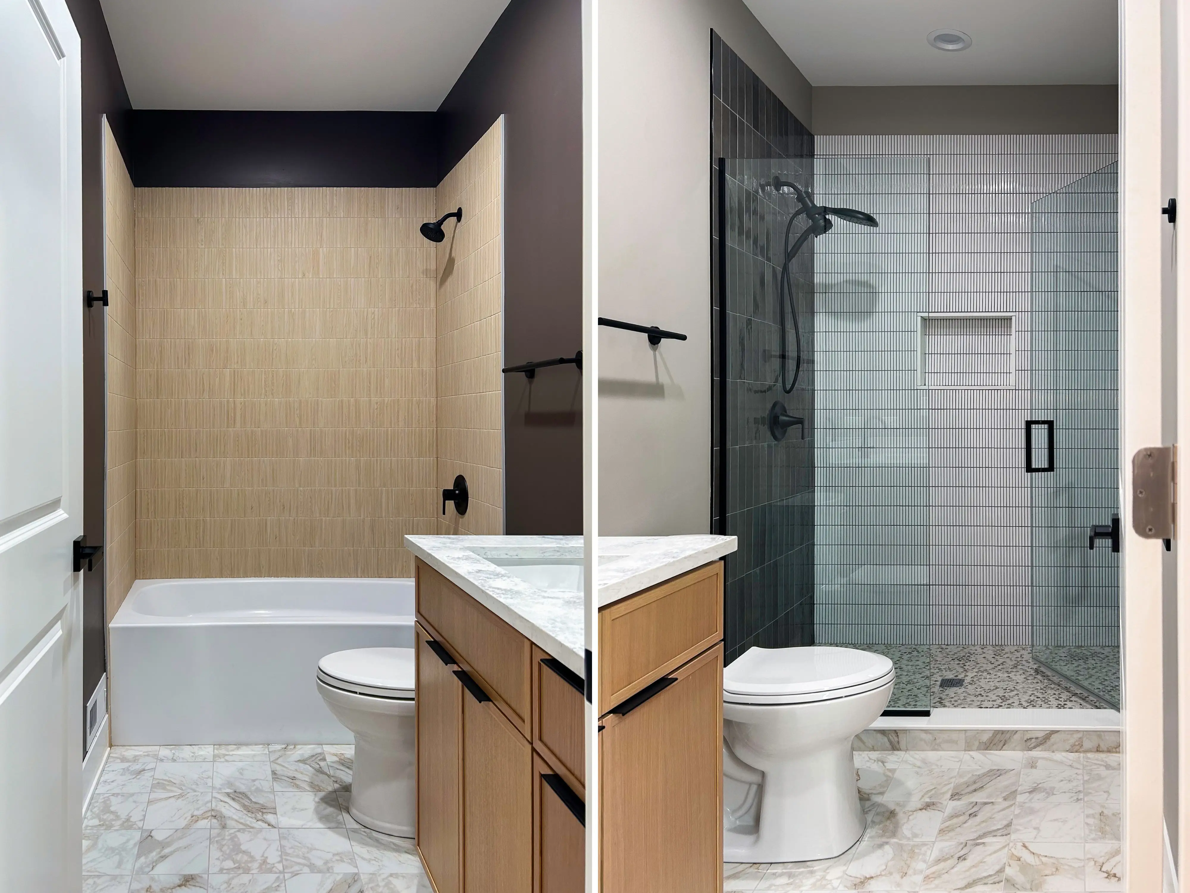 A composite image of two modern, marble bathrooms