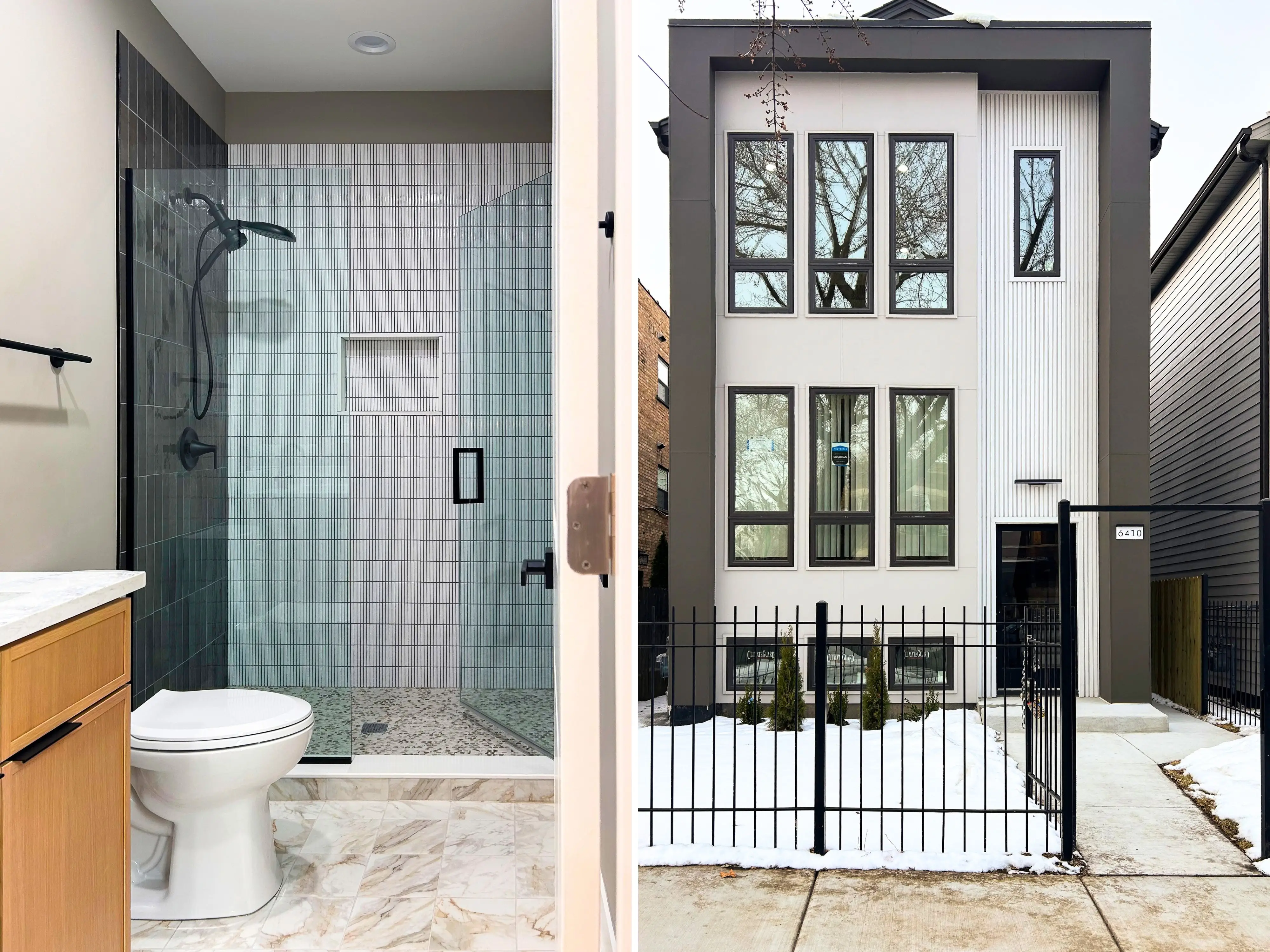 A composite image of a marble modern bathroom and the exterior of a rectangular, modern condo building with snow in the front yard