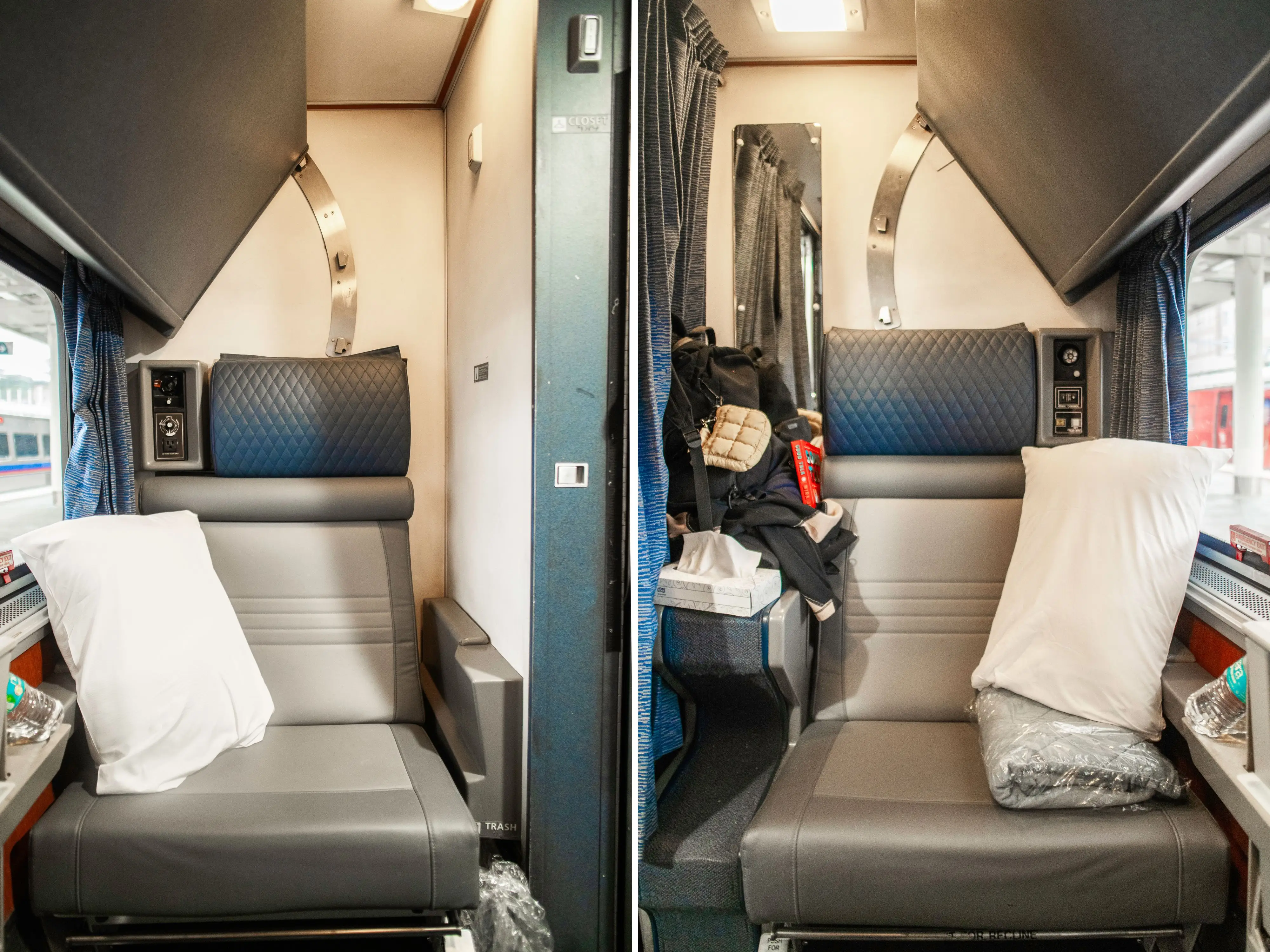 A composite image of two train seats with pillows on them inside an Amtrak roomette accommodation