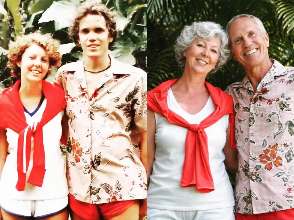 A split image of a young couple when they were in their 20s and in their 60s.
