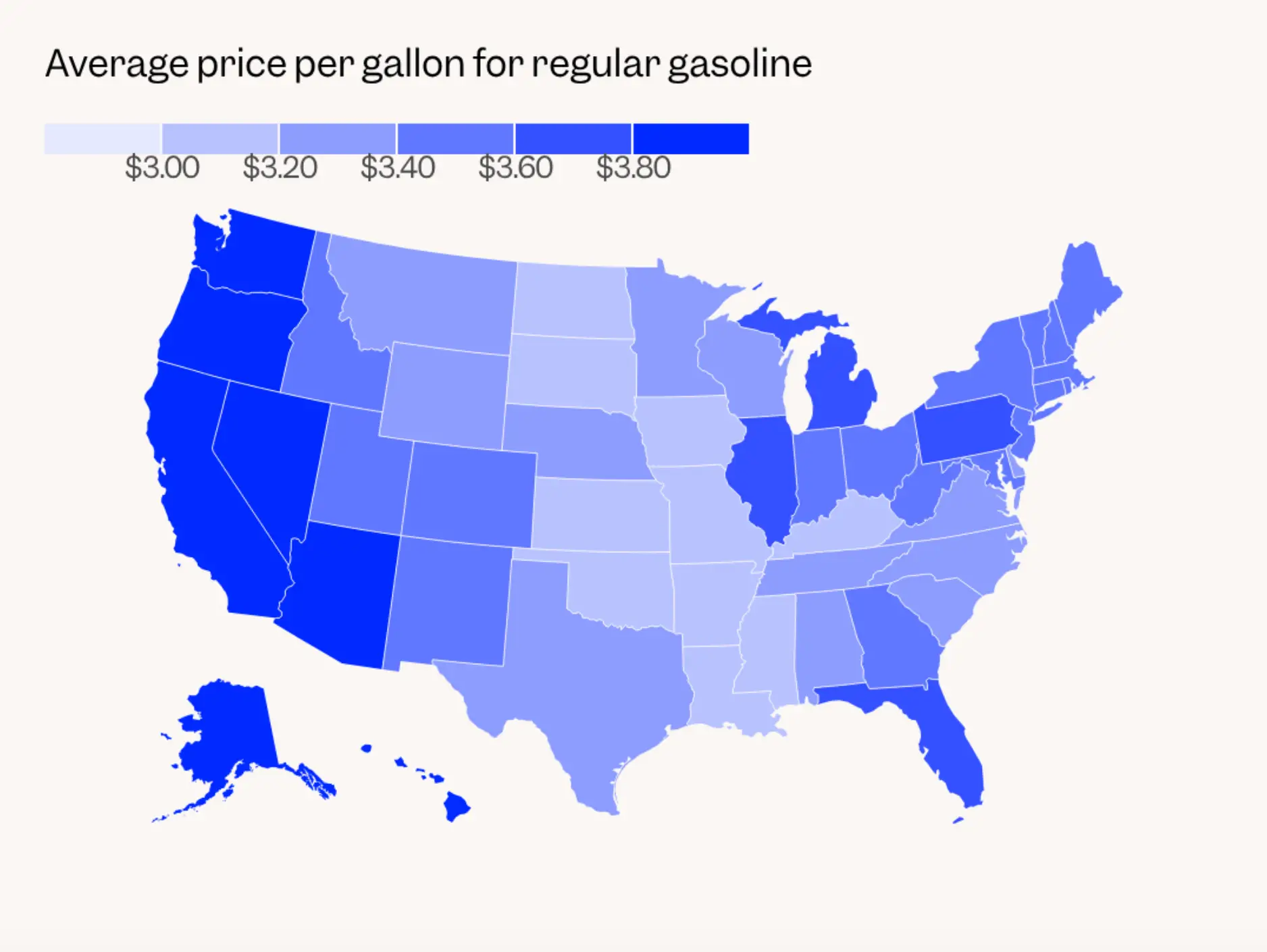 A map of the 50 US states in blue. The darkest blue states, like Florida and California, have the highest average gas price.