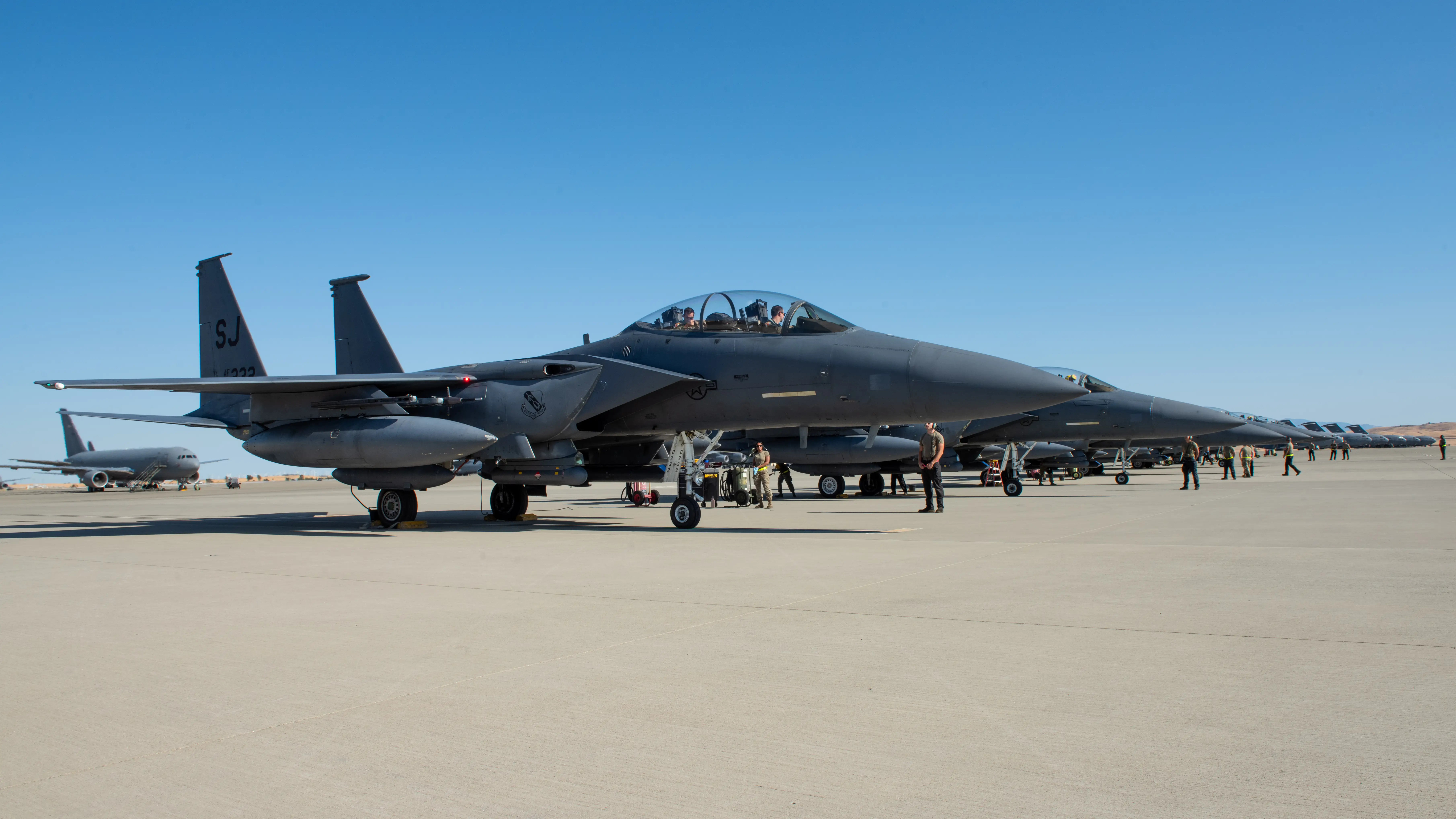 F-15E Strike Eagles at Travis Air Force Base in California.
