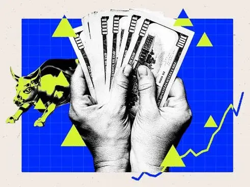 A photo collage featuring imagery of money, stock market, and graphs