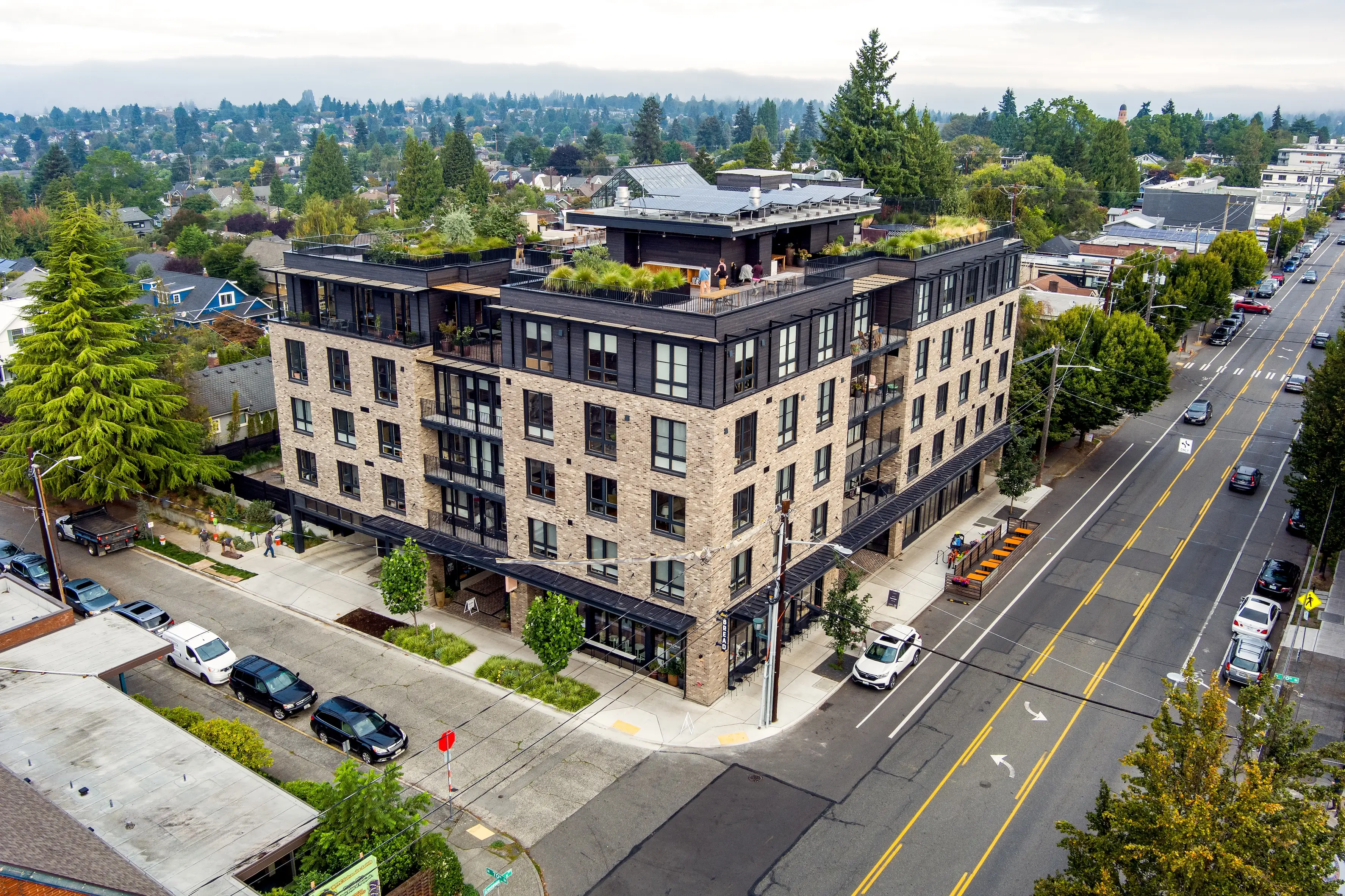 An aerial view of the Shared Roof residential building.